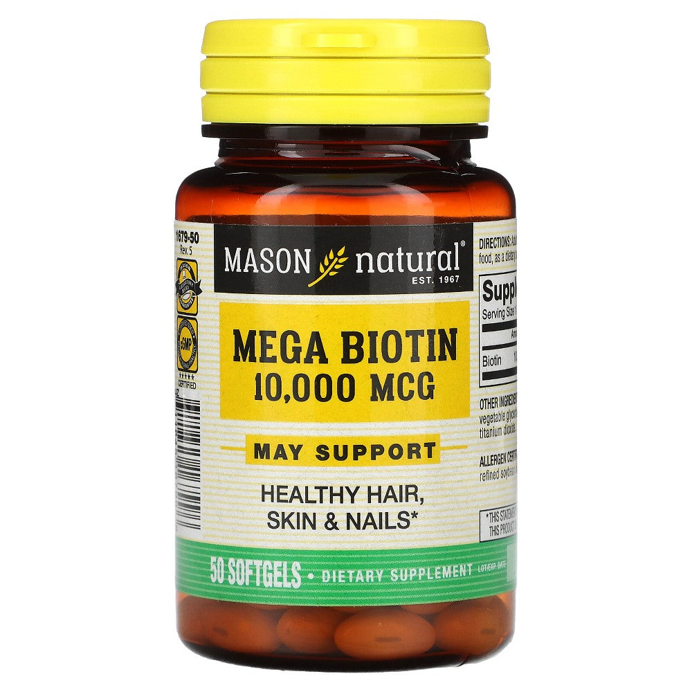 Mason Natural Mega Biotin 10,000 mcg softgels, dietary vitamins and supplements for hair, skin, and nail health.