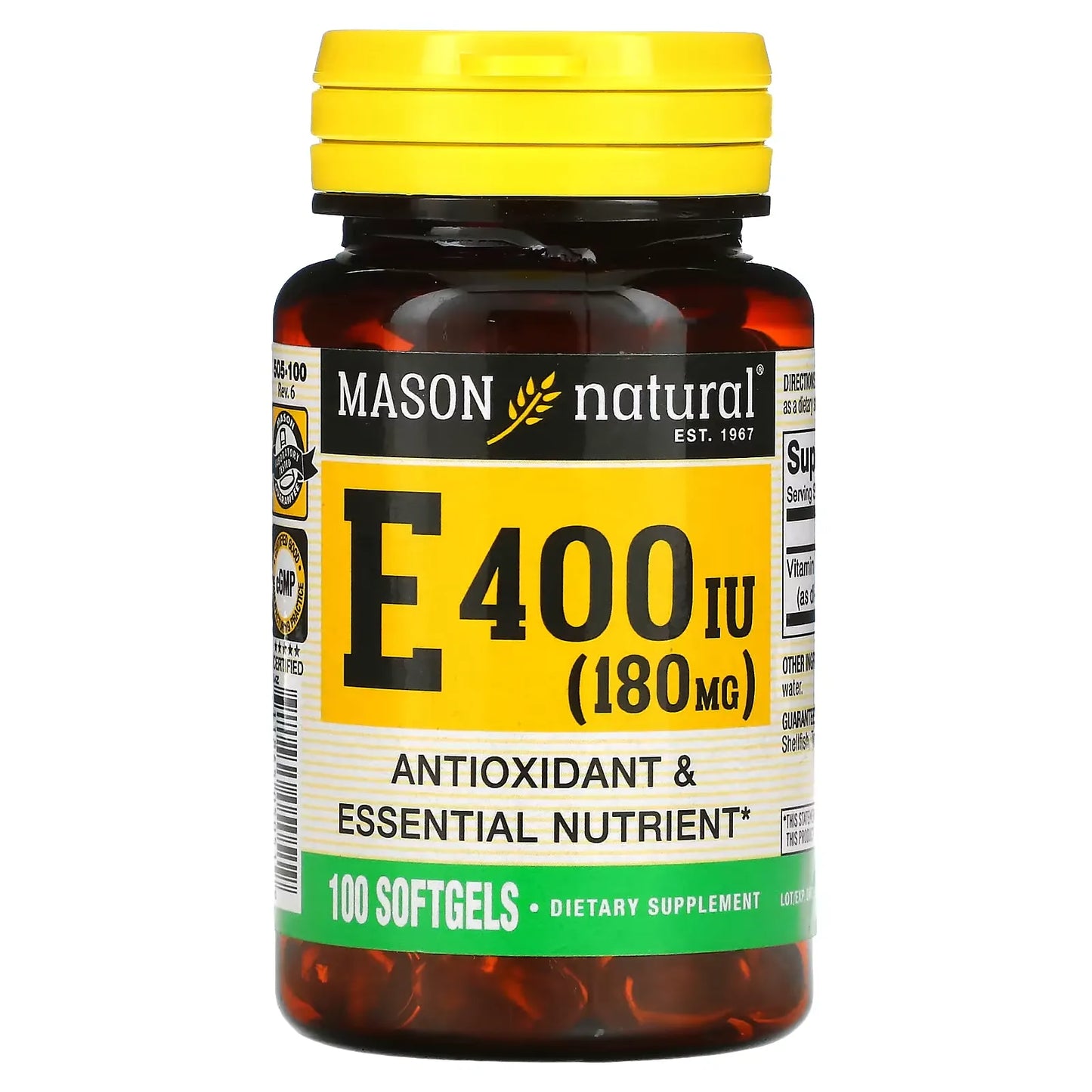 Mason Natural Vitamin E 400 IU softgels in a bottle, dietary supplement in clear container with label showing product details.
