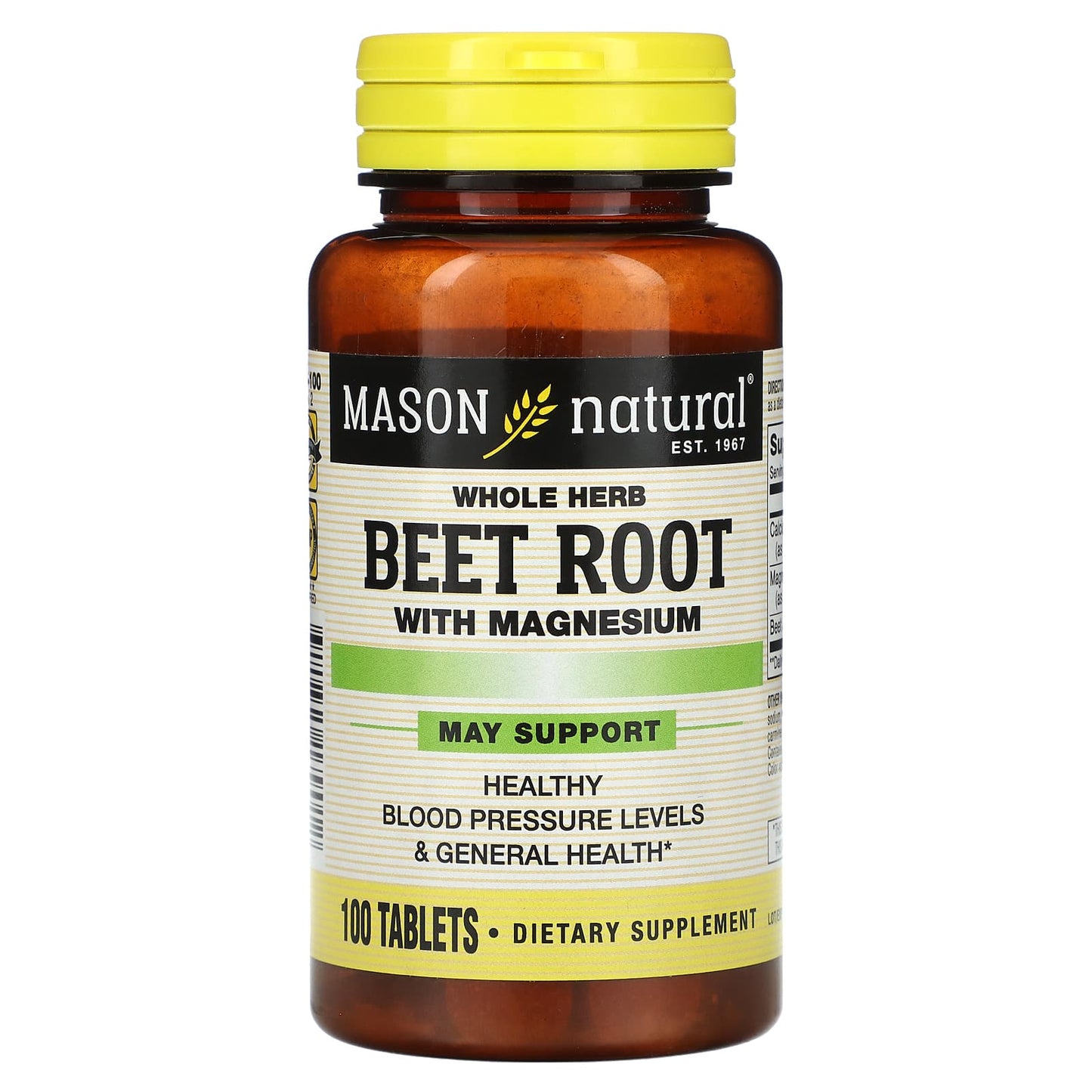Mason Natural Beet Root 500 mg with Magnesium supplement bottle, showing label with product details and branding.