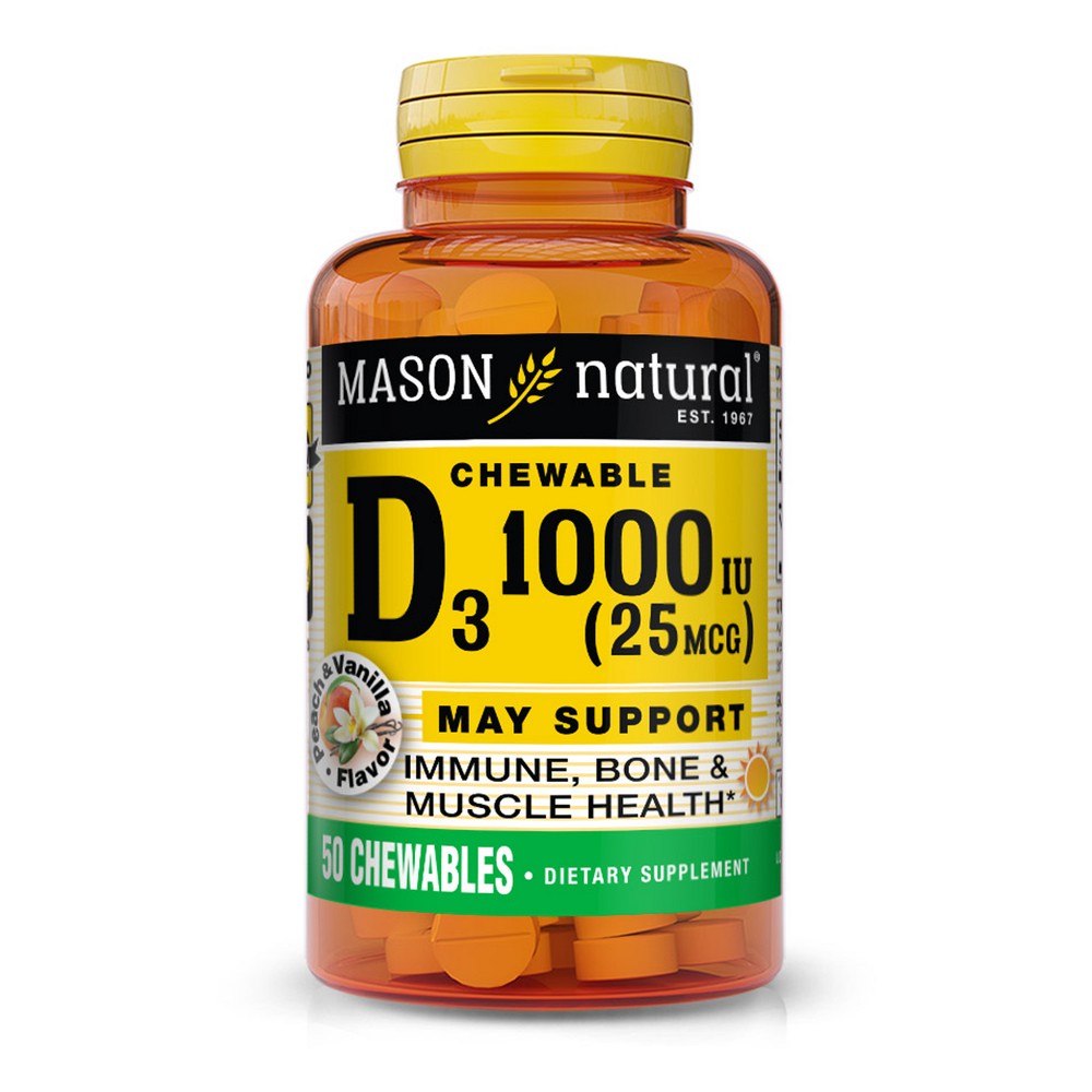 Mason Natural D3 25mcg 1000IU chewable vitamin tablets, 50 count, dietary supplement for bone health.