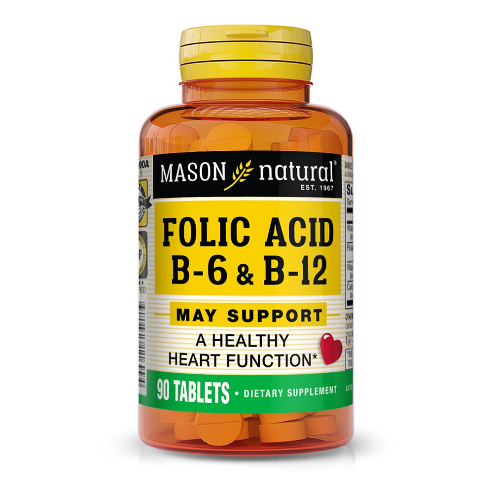 Bottle of Mason Natural Folic Acid B6 & B12 vitamins in a clear container with a label showing the product name and tablets inside.