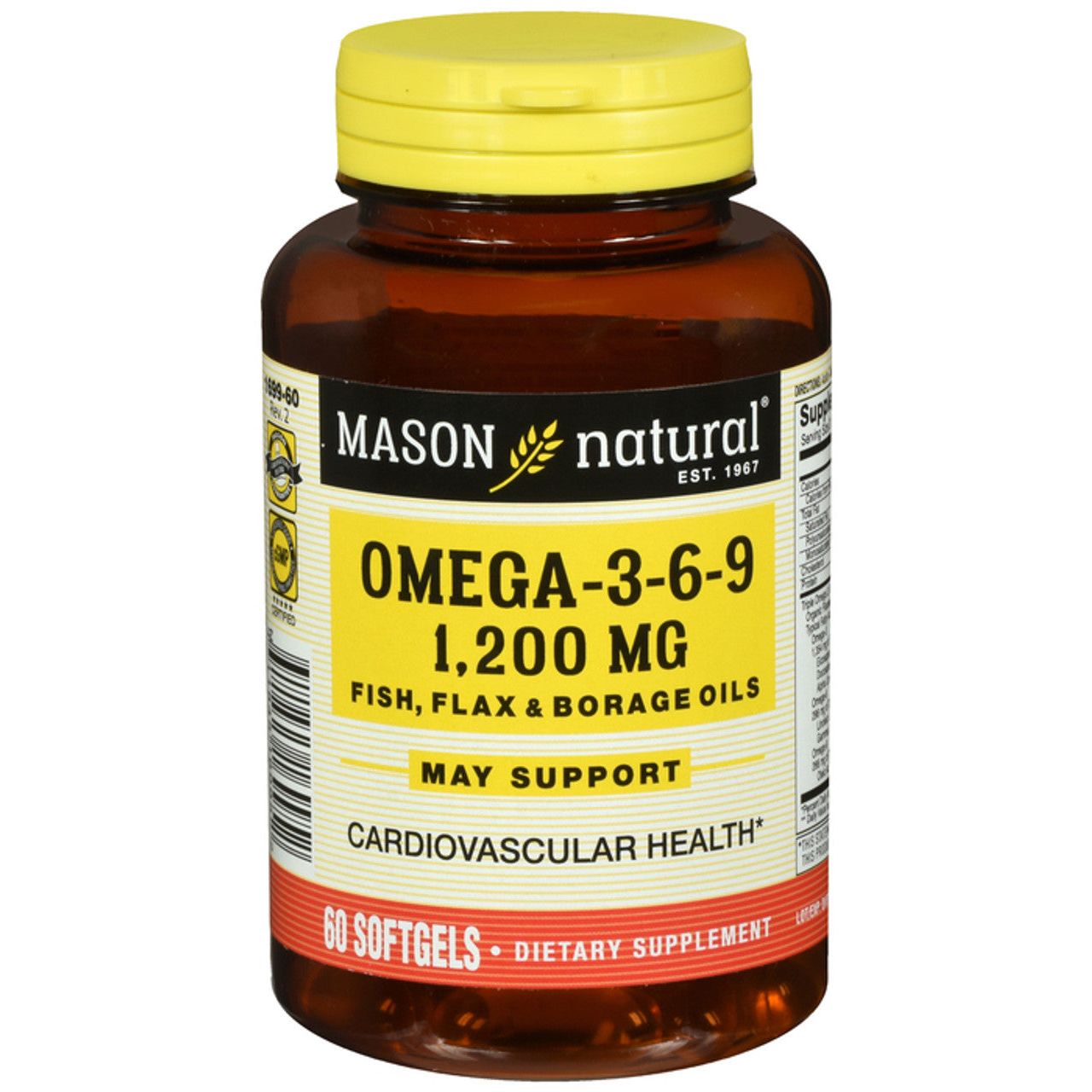 Mason Natural Omega 3-6-9 Complex softgels for heart and joint health, displayed in a bottle on a white background.