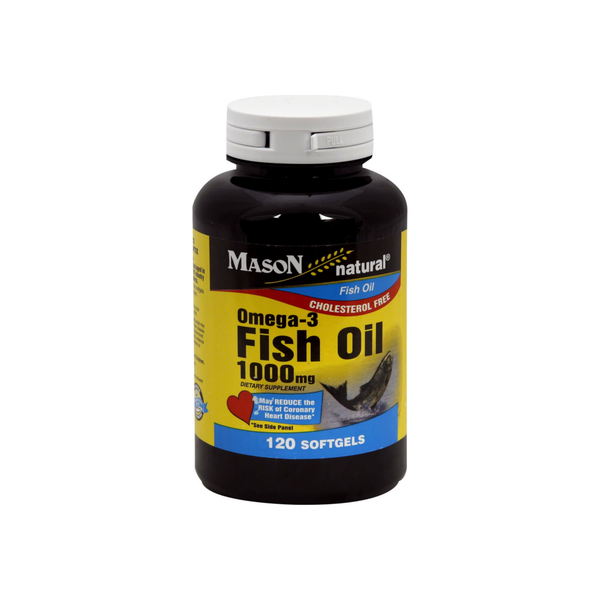Mason Natural Omega-3 Fish Oil 1000 Mg softgels in a bottle, dietary supplement for heart and brain health