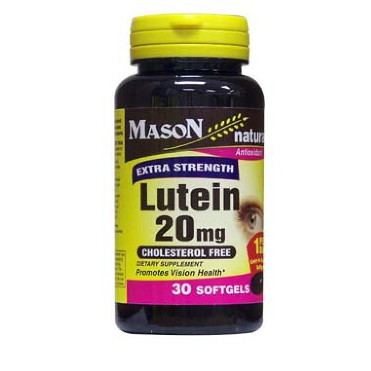 Mason Natural Lutein 20mg softgels in a bottle, dietary vitamins and supplements for eye health, 30 softgels.