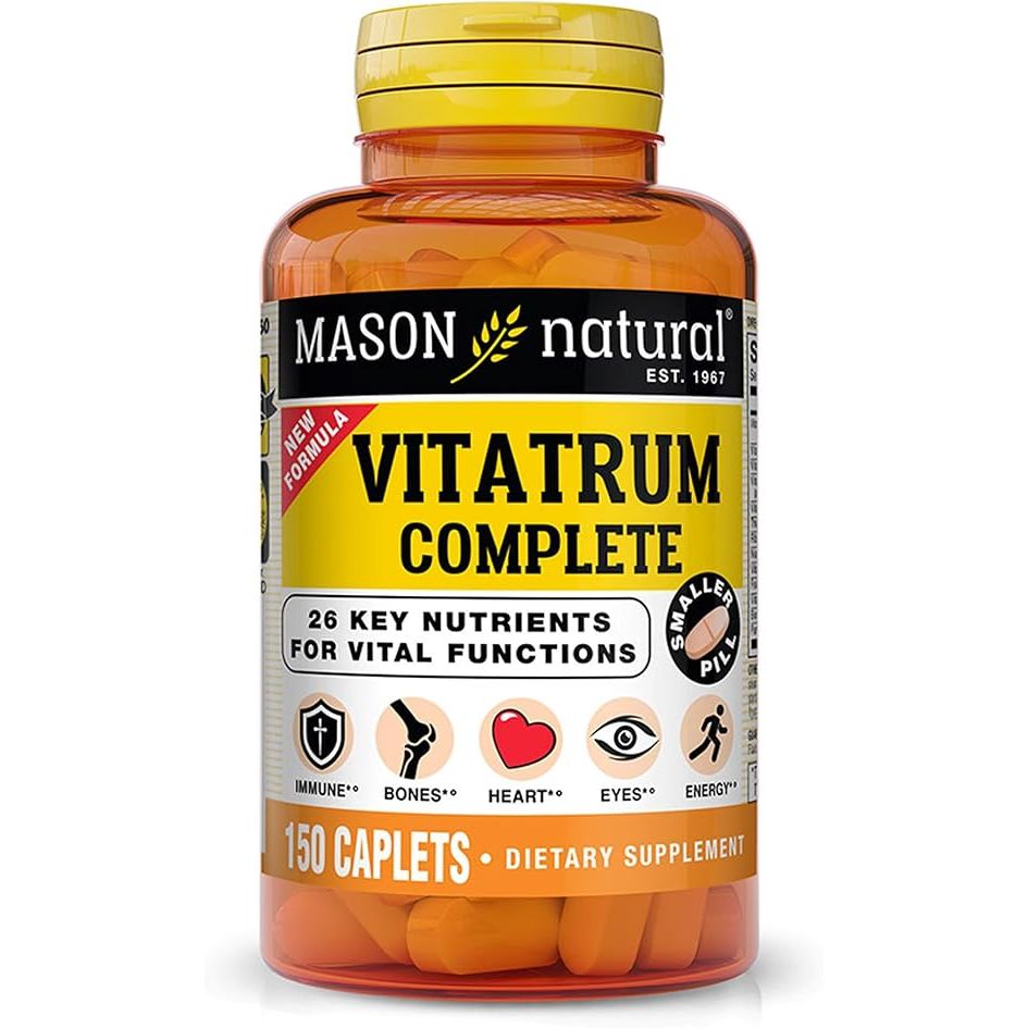 Mason Natural Vitatrum multivitamin and multimineral caplets supporting immune health, bones, heart, eyes, and energy.