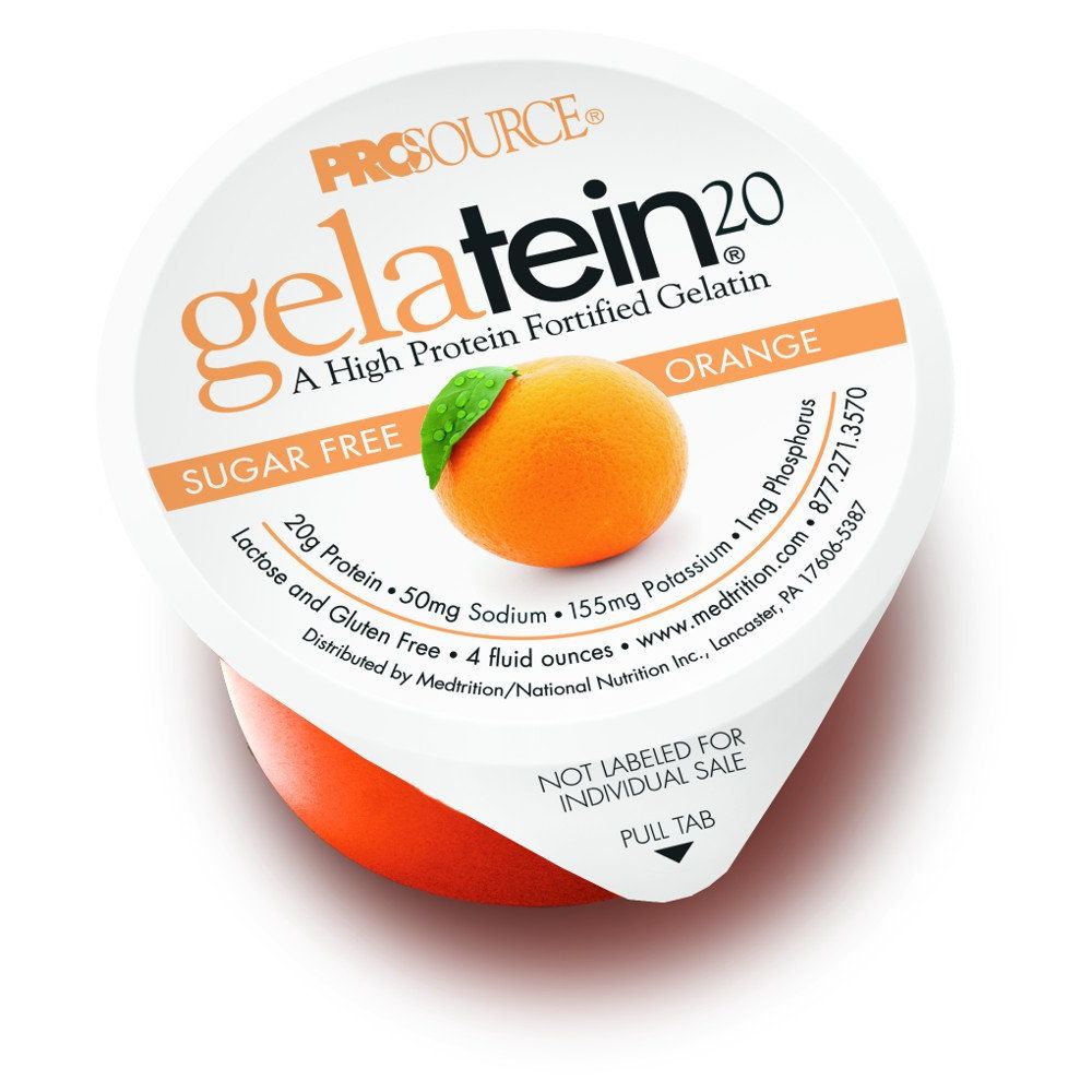 Medtrition Gelatein 20 Orange oral protein supplement in a 4 oz cup, part of vitamins and supplements by Pasteur Pharmacy.