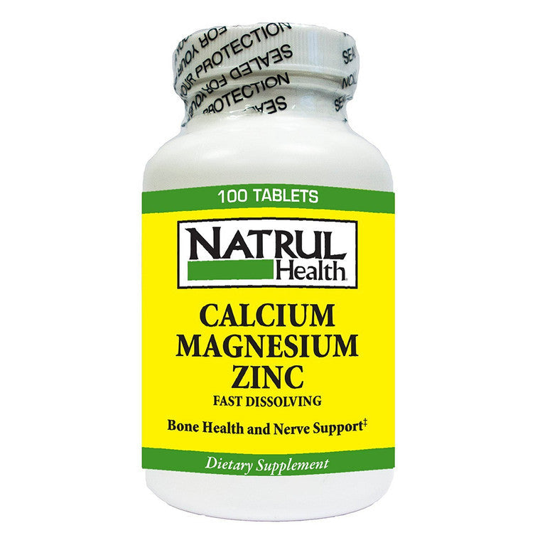 Nat-Rul Health Calcium Magnesium Zinc supplement tablets in a bottle, part of vitamins and supplements by Pasteur Pharmacy.