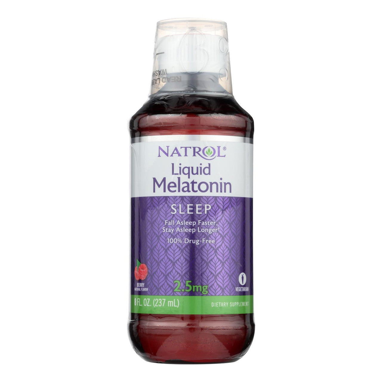 Natrol Liquid Sleep supplement with 2.5 mg melatonin in berry flavor, 8 fl oz bottle, for promoting restful sleep.