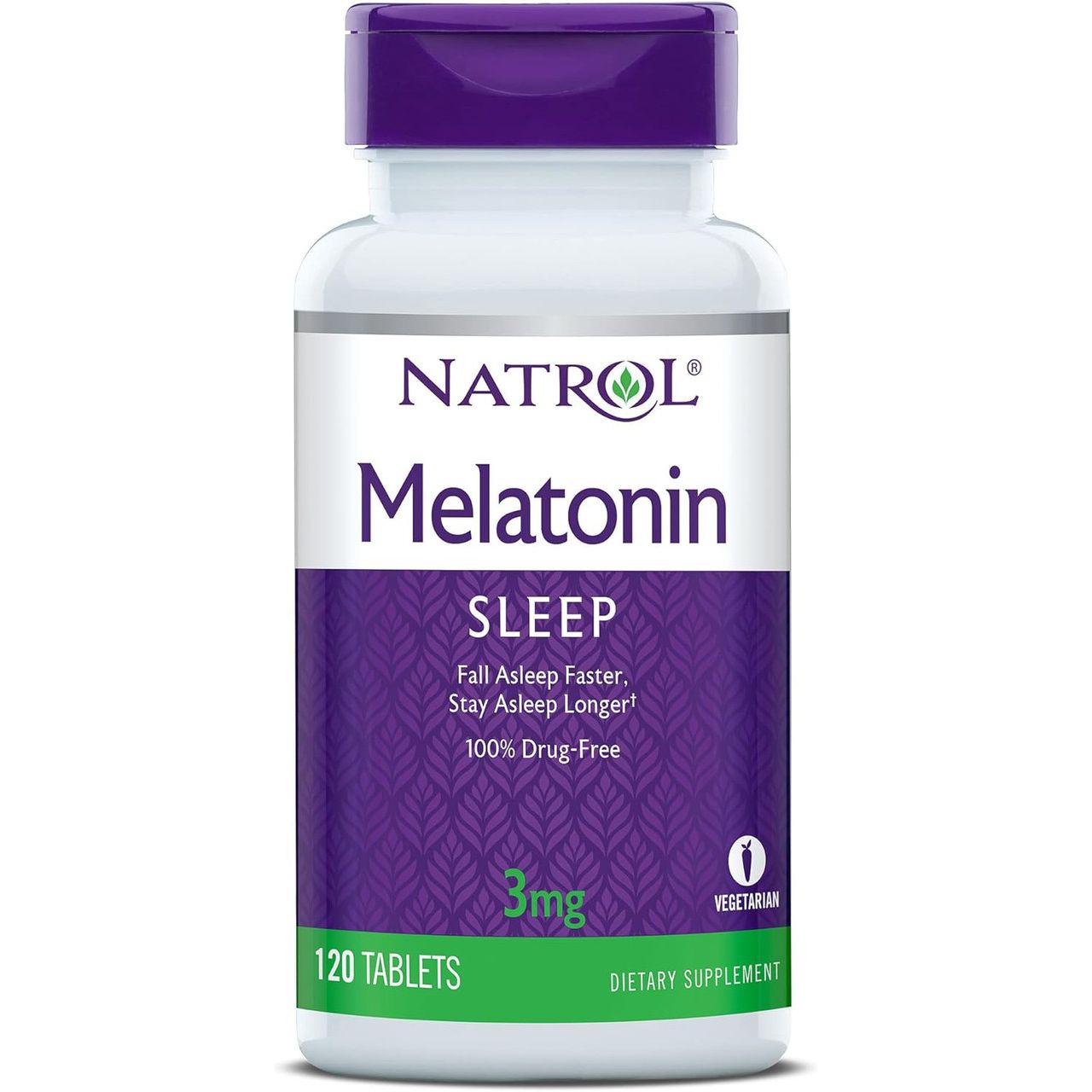 Natrol Melatonin 3 mg vegetarian tablets, dietary supplement for sleep support, in a bottle with 120 tablets.