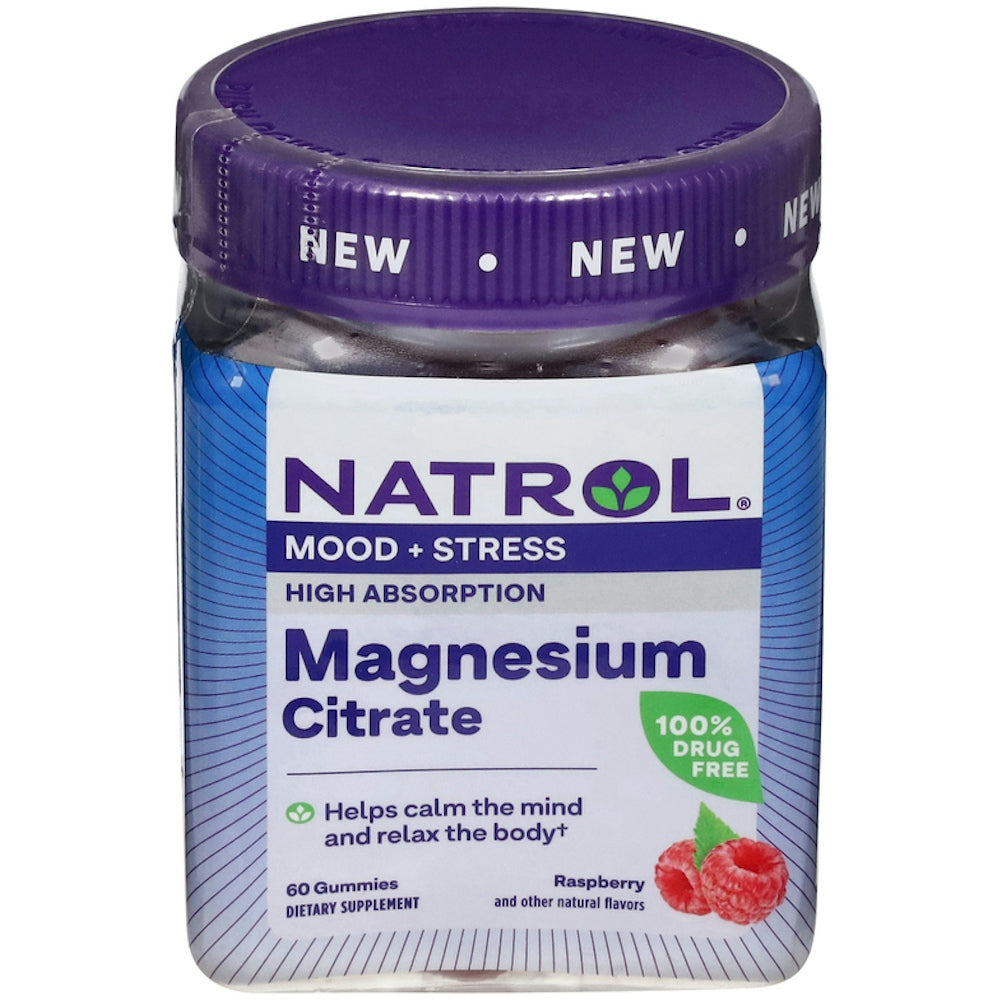 Natrol Mood & Stress Magnesium Citrate raspberry-flavored gummies, dietary supplement for mood support, 60-count bottle