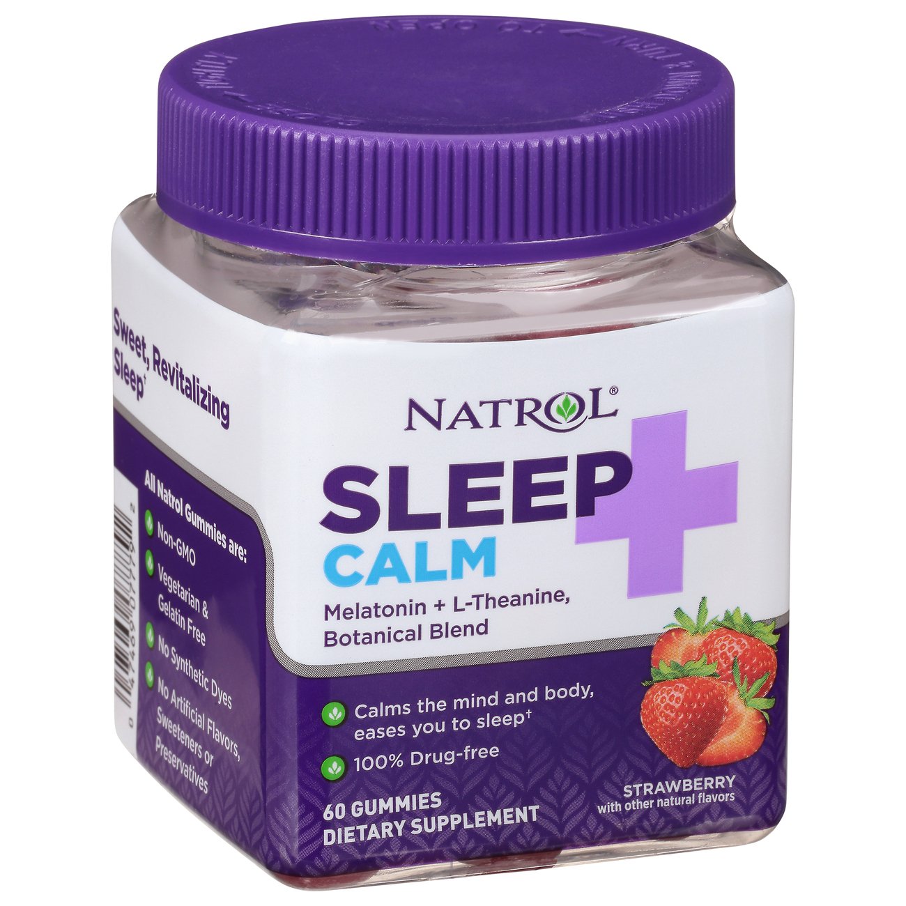 Natrol Sleep Calm Melatonin Gummies in strawberry flavor, 60 count, dietary vitamins and supplements for rest and relaxation.