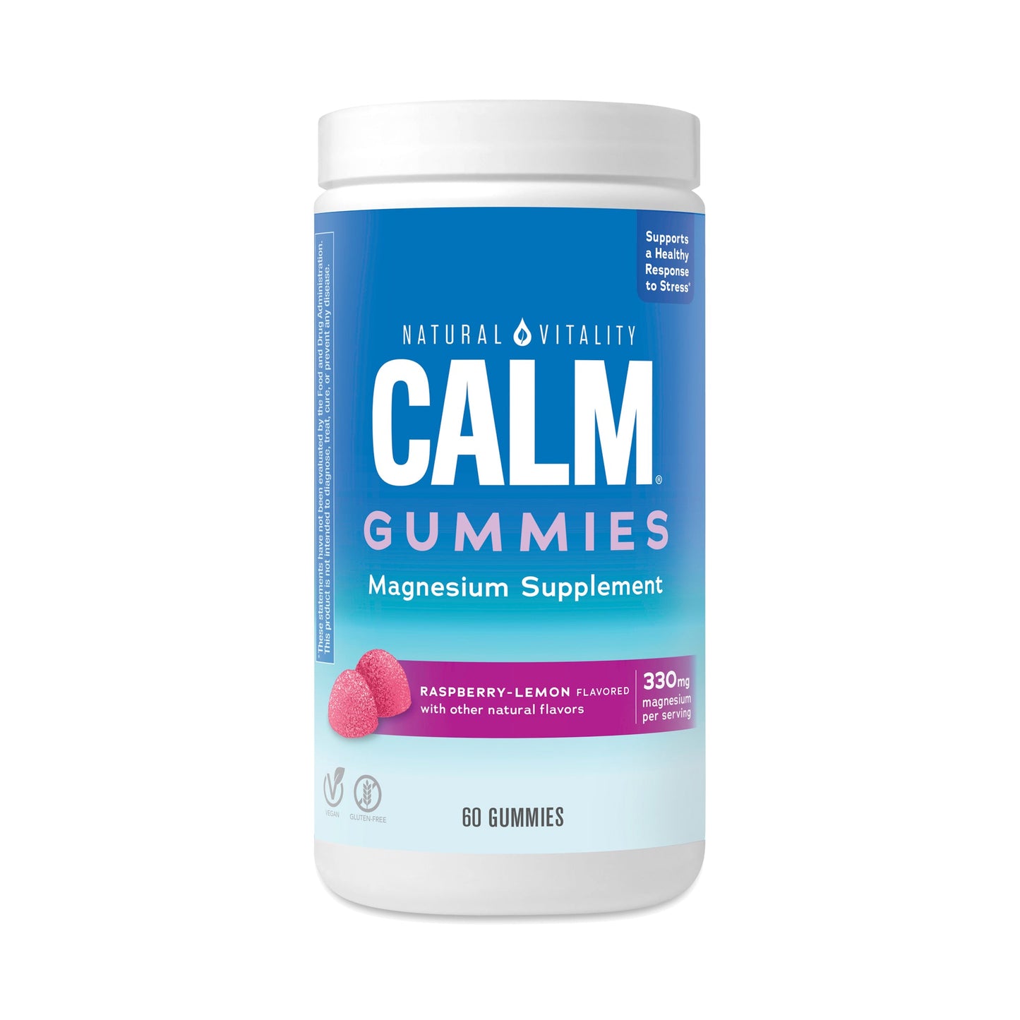Natural Vitality Calm magnesium supplement Raspberry Lemon Gummies in a clear container with colorful gummies inside.