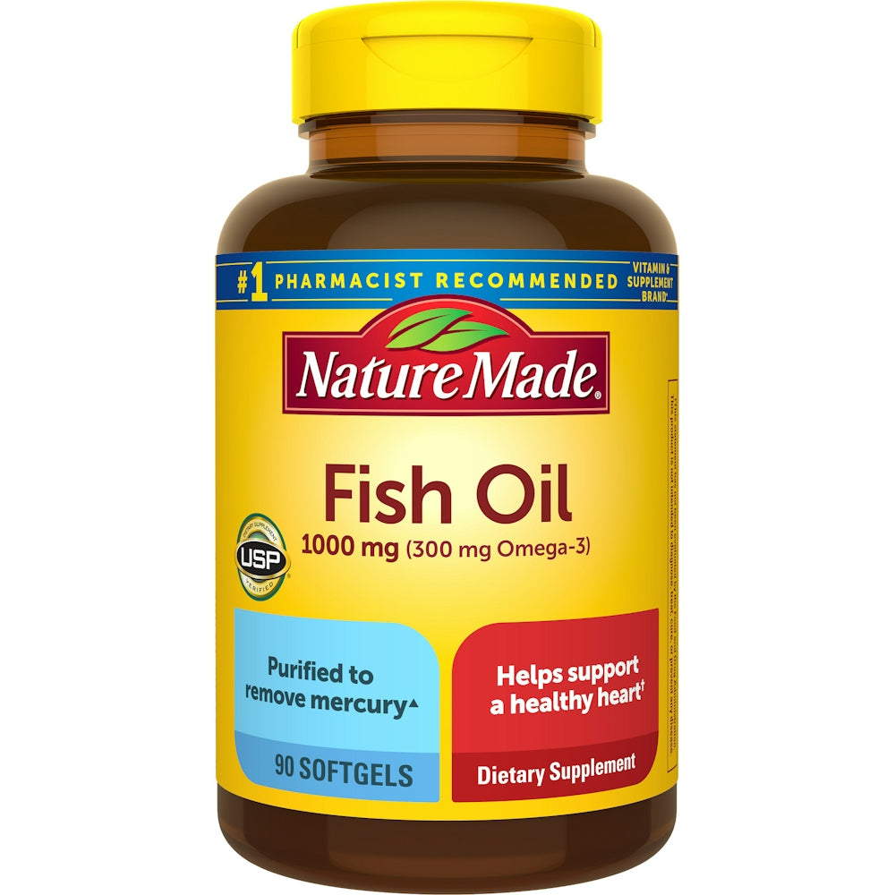 Bottle of Nature Made Fish Oil 1000 mg vitamins and supplements with label visible, in a pharmacy setting