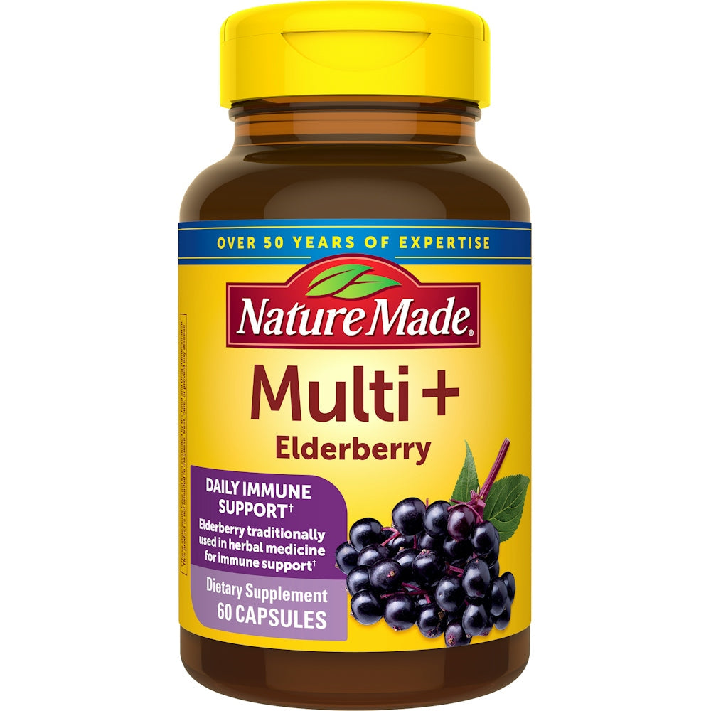 Nature Made Multi + Elderberry capsules, multivitamin supplement for women and men, in a white bottle with colorful labels.