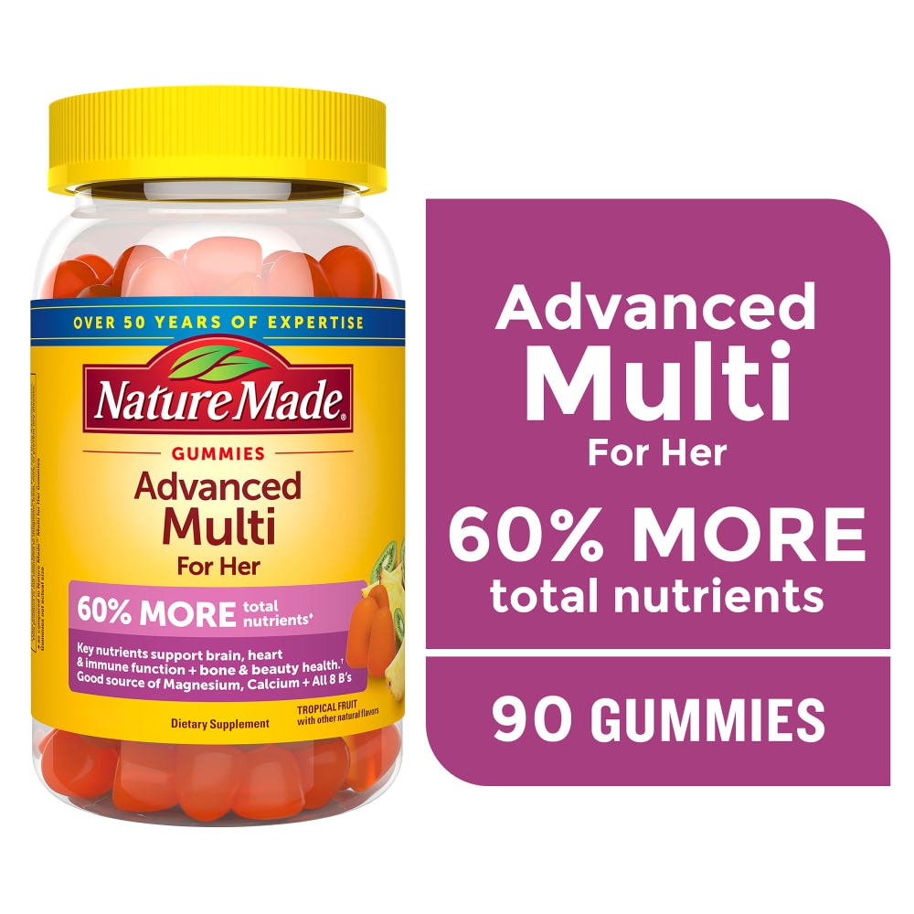 Nature Made multivitamin gummies for her with tropical fruit flavor, shown in a colorful bottle of vitamins and supplements.