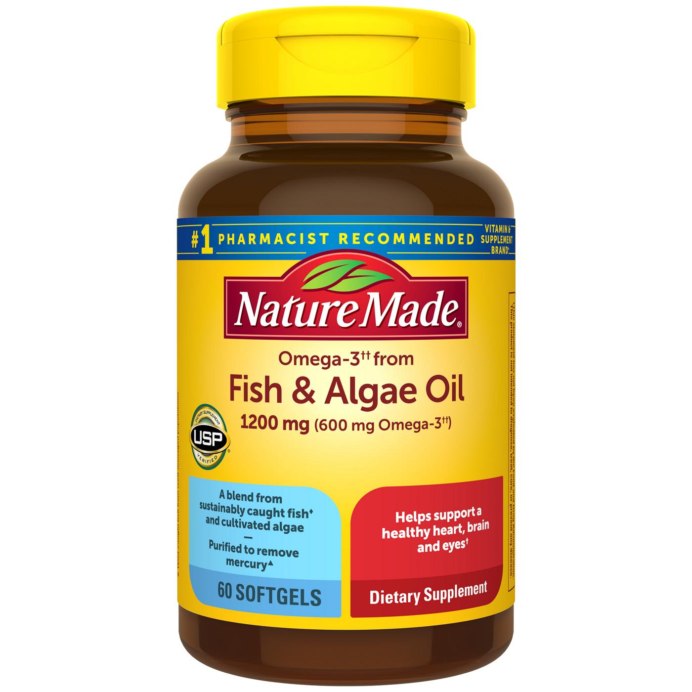 Nature Made Omega-3 Fish and Algae Oil Soft Gels in a bottle, dietary supplement for heart health, 60 soft gels.