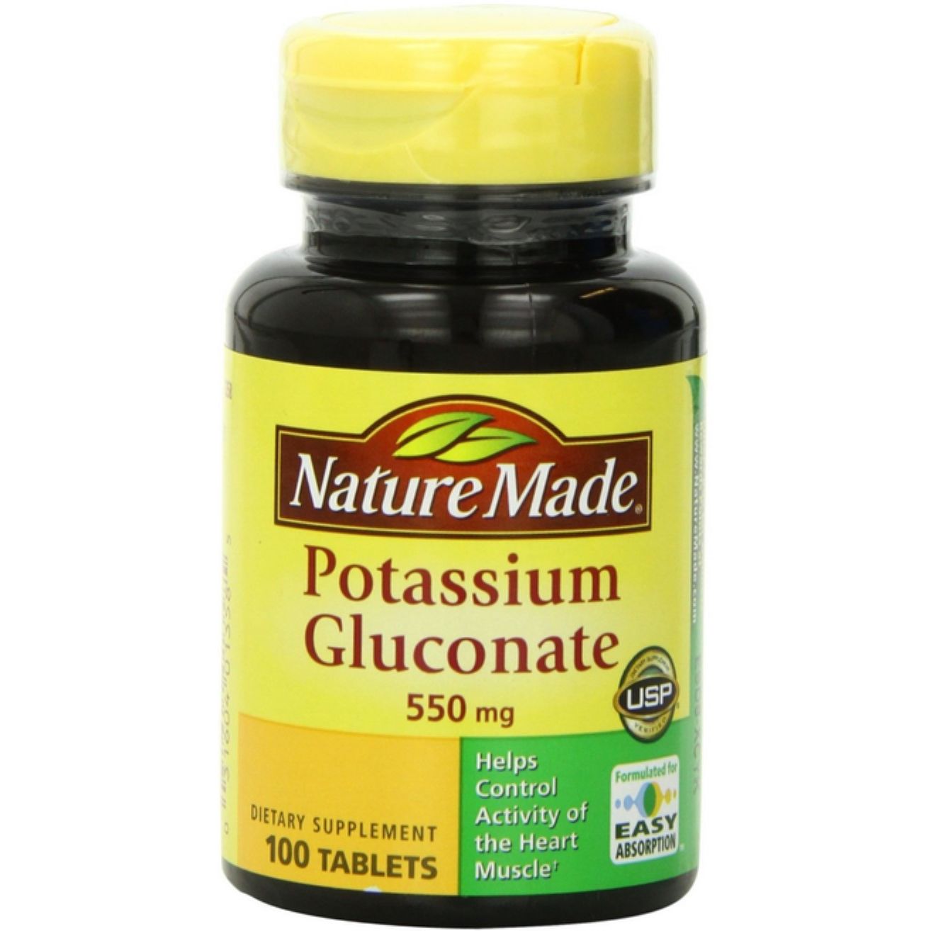 Nature Made Potassium Gluconate 550 Mg tablets in bottle, dietary supplement for healthy potassium intake.
