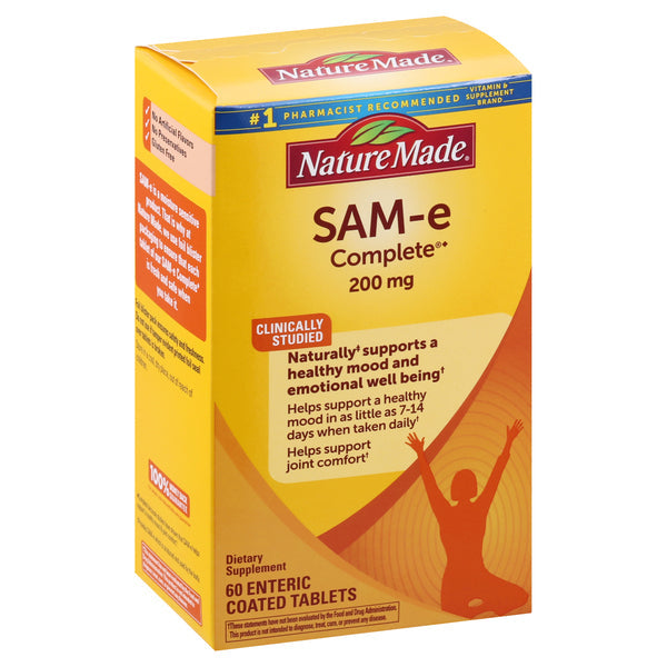 Nature Made SAM-e 200 mg complete tablets, dietary supplement for joint health, shown in blister pack.