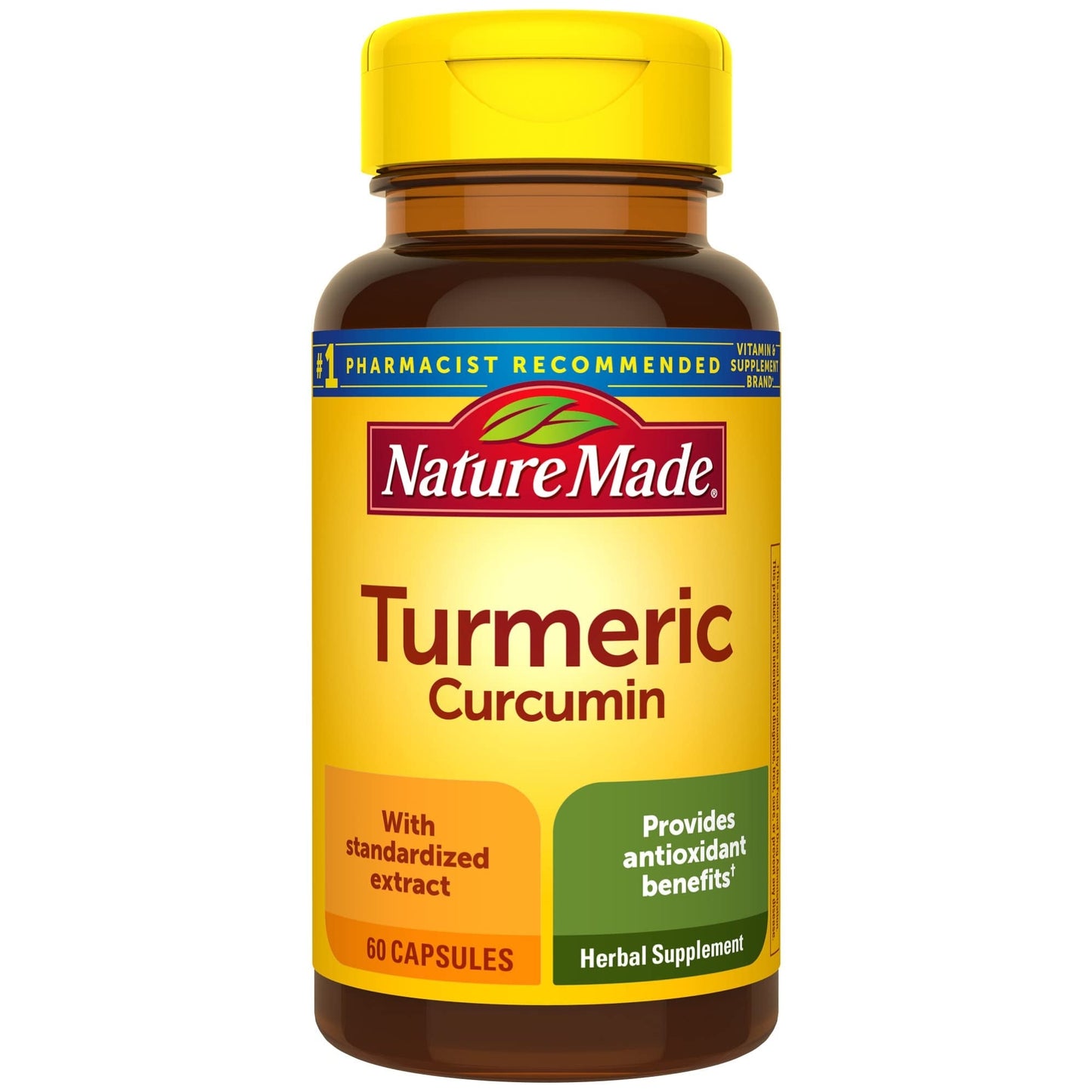 Nature Made Turmeric 500 mg capsules, dietary supplement in a bottle, 60 count, for joint and immune support.