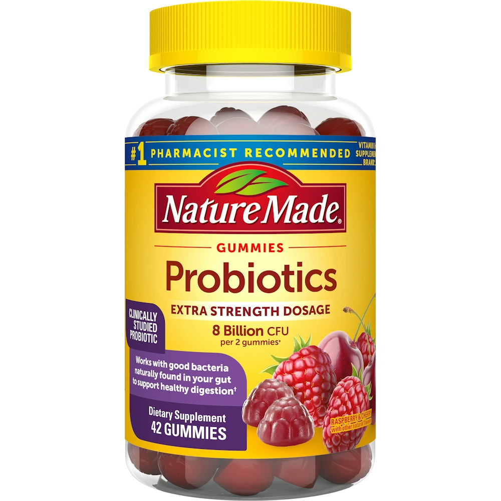 Nature Made Ultra Strength Digestive Probiotic Gummies for women and men, raspberry and cherry flavor, 42 count.