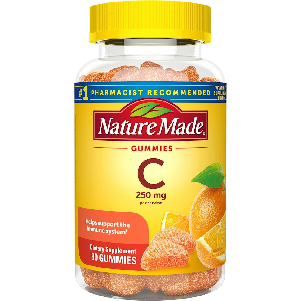 Nature Made Vitamin C 125 mg adult gummies with tangy orange flavor, immune support, shown in a bottle with 80 gummies.