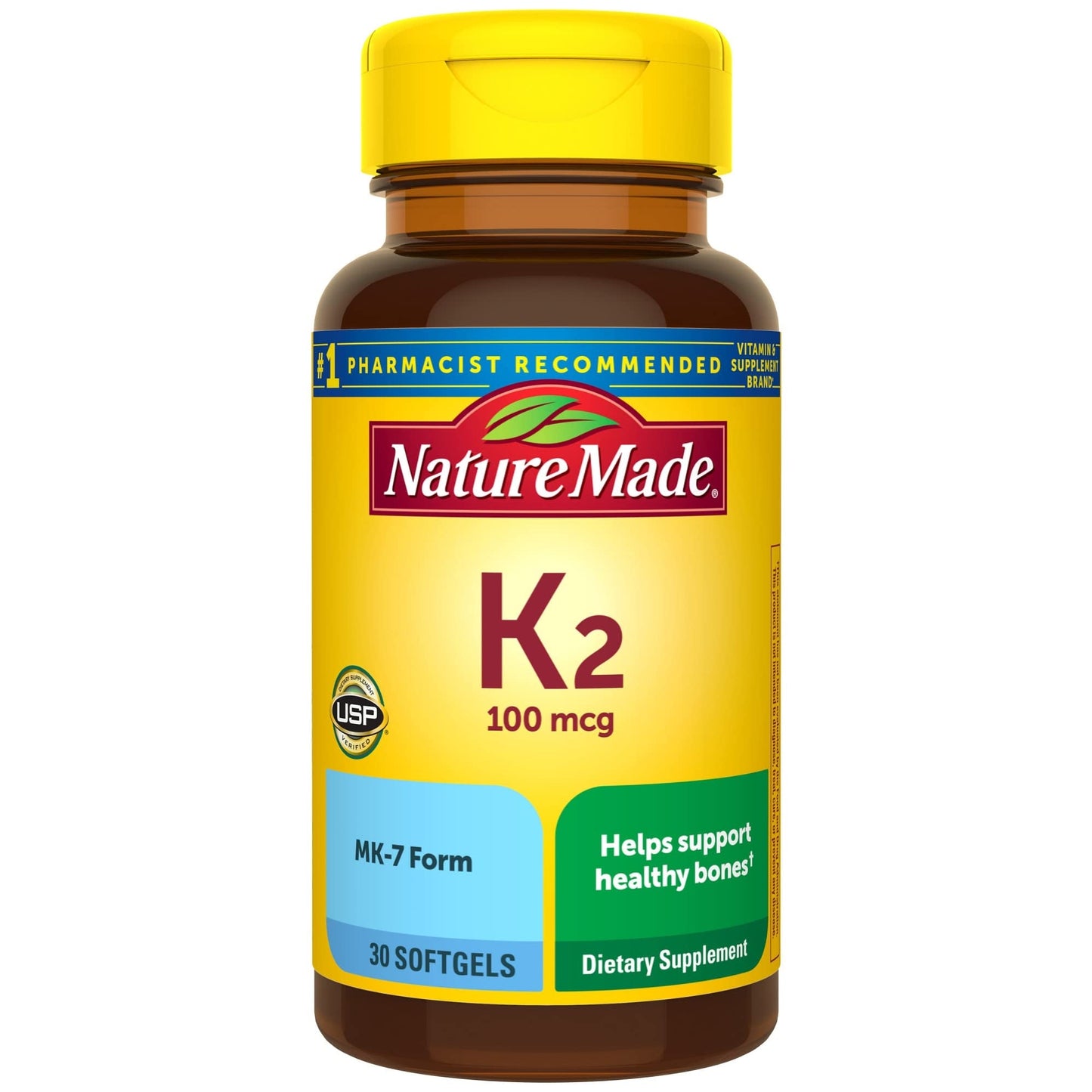 Nature Made Vitamin K2 100 mcg softgels for bone health, 30 count, dietary supplement in softgel form.