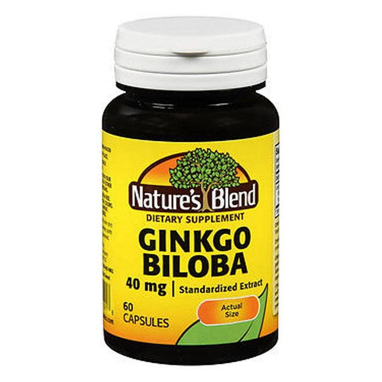 Nature's Blend Ginkgo Biloba Extract capsules by Pasteur Pharmacy, 40 mg, in a bottle of 60 capsules for cognitive support.