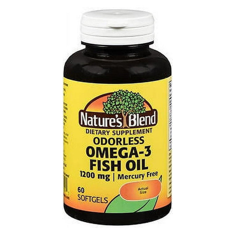 Bottle of Nature's Blend® Odorless Omega-3 Fish Oil capsules, 1200 mg, from Pasteur Pharmacy, in a clear supplement bottle.