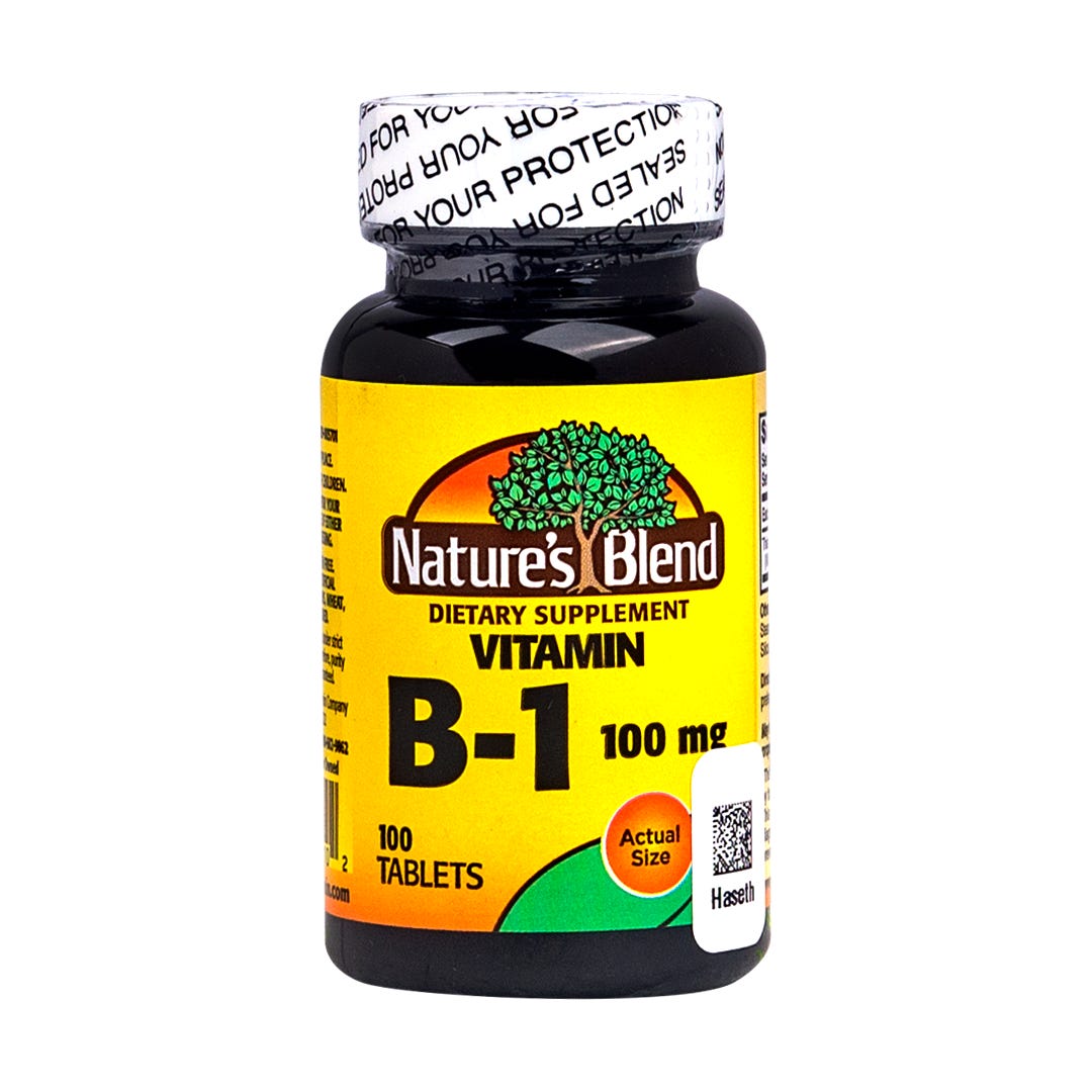Nature's Blend S Vitamin B-1 Tablets 100 mg in a bottle, supplement for energy and nerve support, by Pasteur Pharmacy.