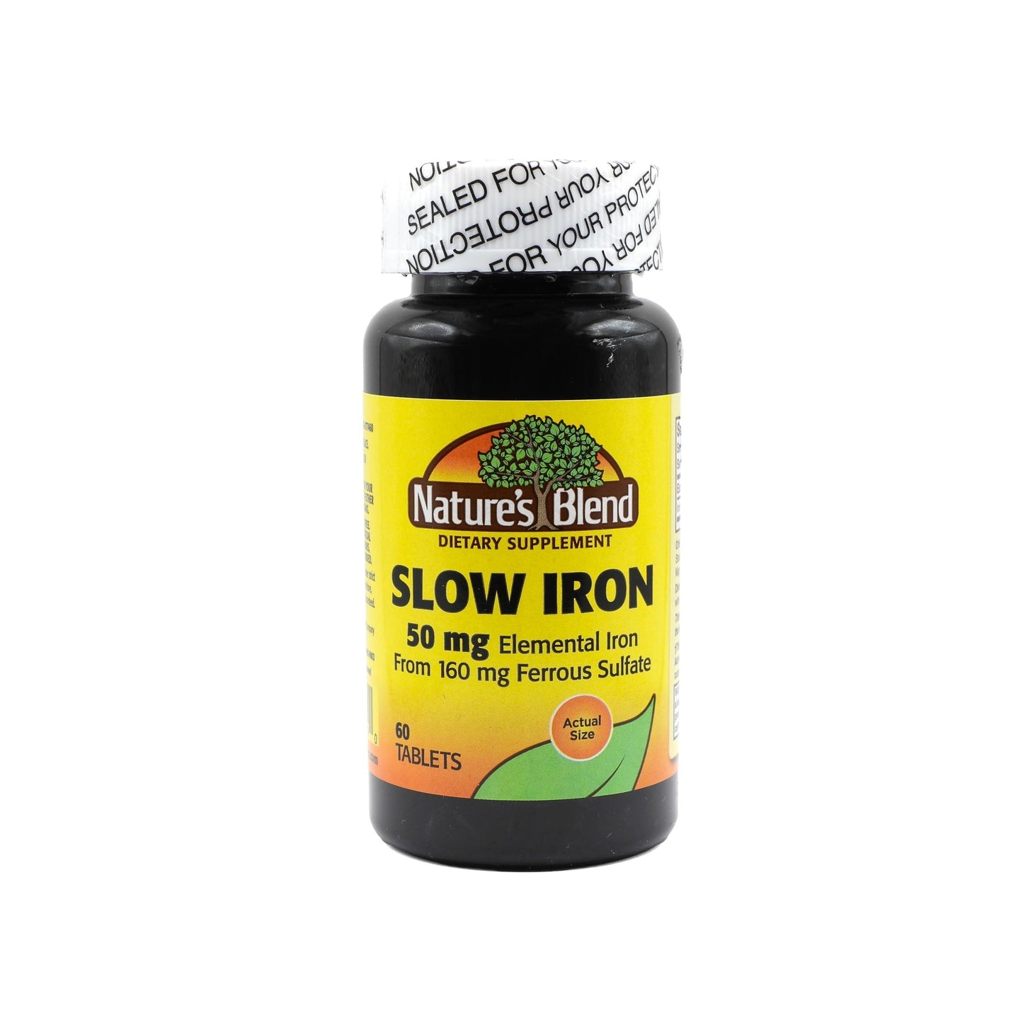 Nature's Blend Slow Iron 50 mg tablets, vitamin supplement in a bottle, designed to support iron intake and overall health.