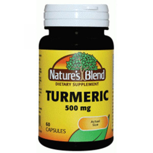 Nature's Blend Turmeric with Black Pepper capsules, 500 mg, in a bottle of 60 capsules, from Pasteur Pharmacy supplement line.