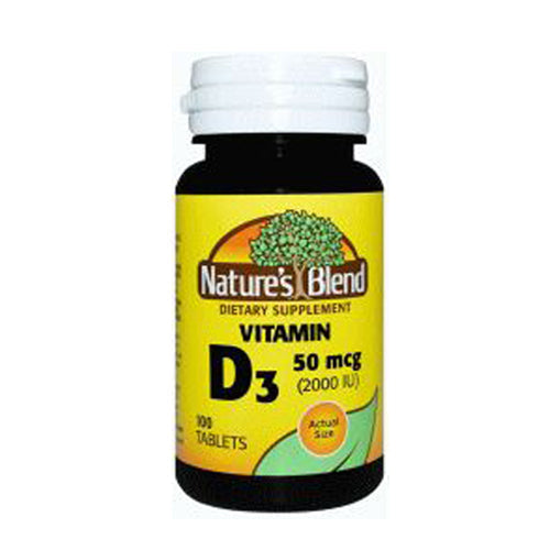 Bottle of Nature's Blend Vitamin D3 100 softgels in a supplement bottle, labeled with product name and dosage.