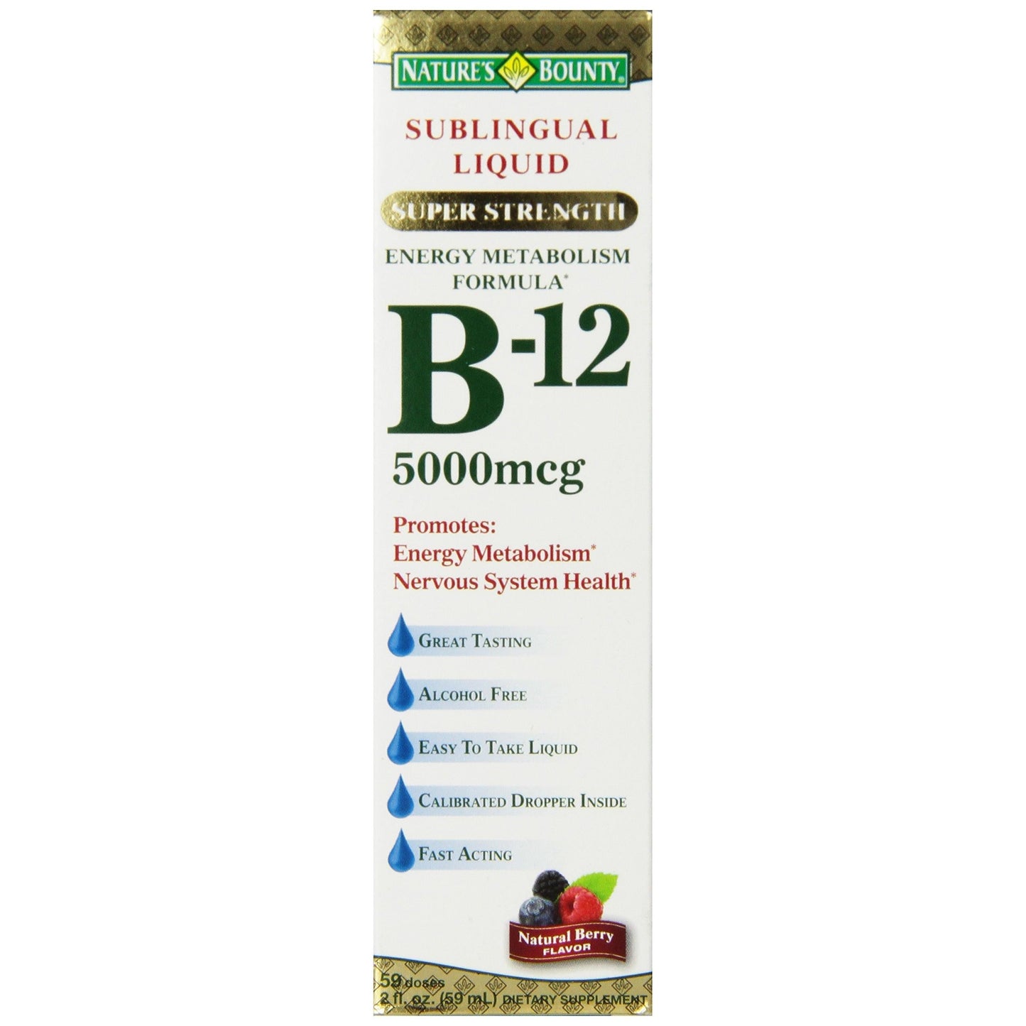Nature's Bounty B-12 Sublingual Liquid supplement in natural berry flavor, super strength 5000 mcg, 2 fl oz bottle.