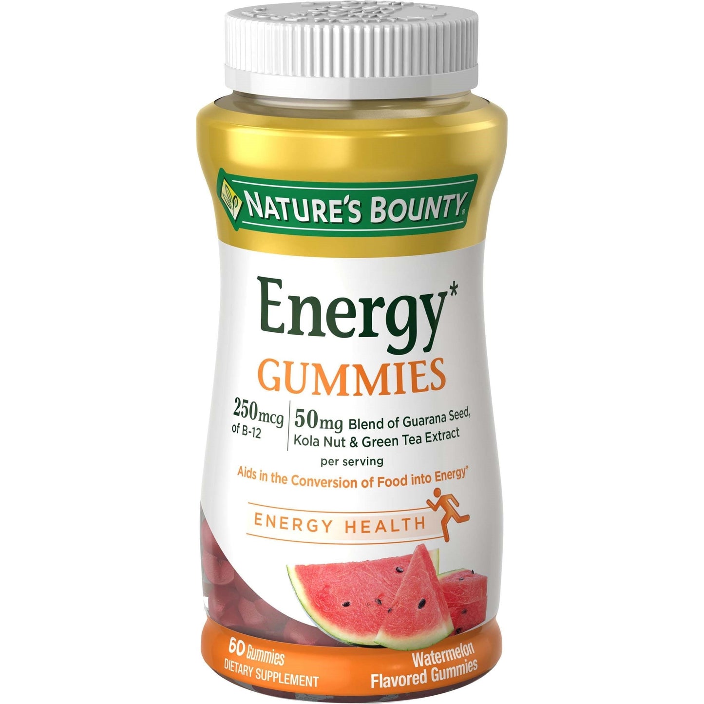 Watermelon-flavored Nature's Bounty Energy Gummies in a bottle, dietary vitamins and supplements for energy support.