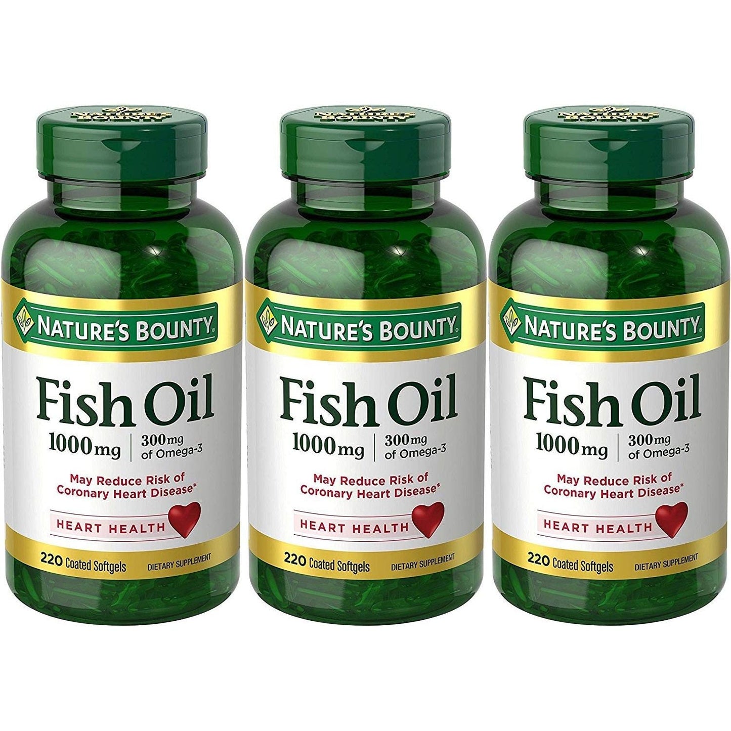 Bottle of Nature's Bounty Fish Oil dietary supplement with 220 coated softgels, supports heart health and provides 1000mg Omega-3.