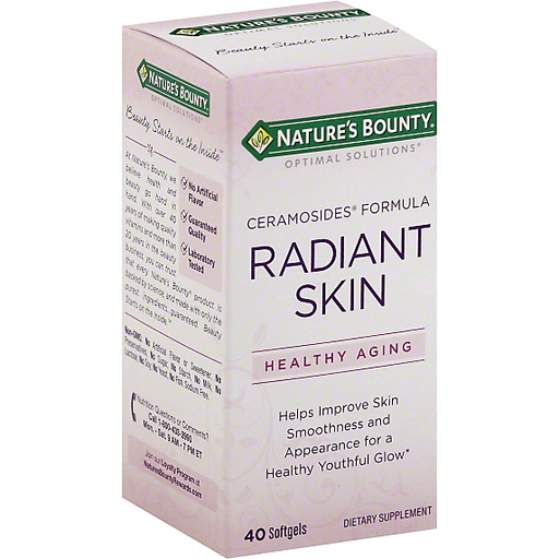 Nature's Bounty Radiant Skin Ceramosides softgels, dietary vitamins and supplements for skin health and hydration.