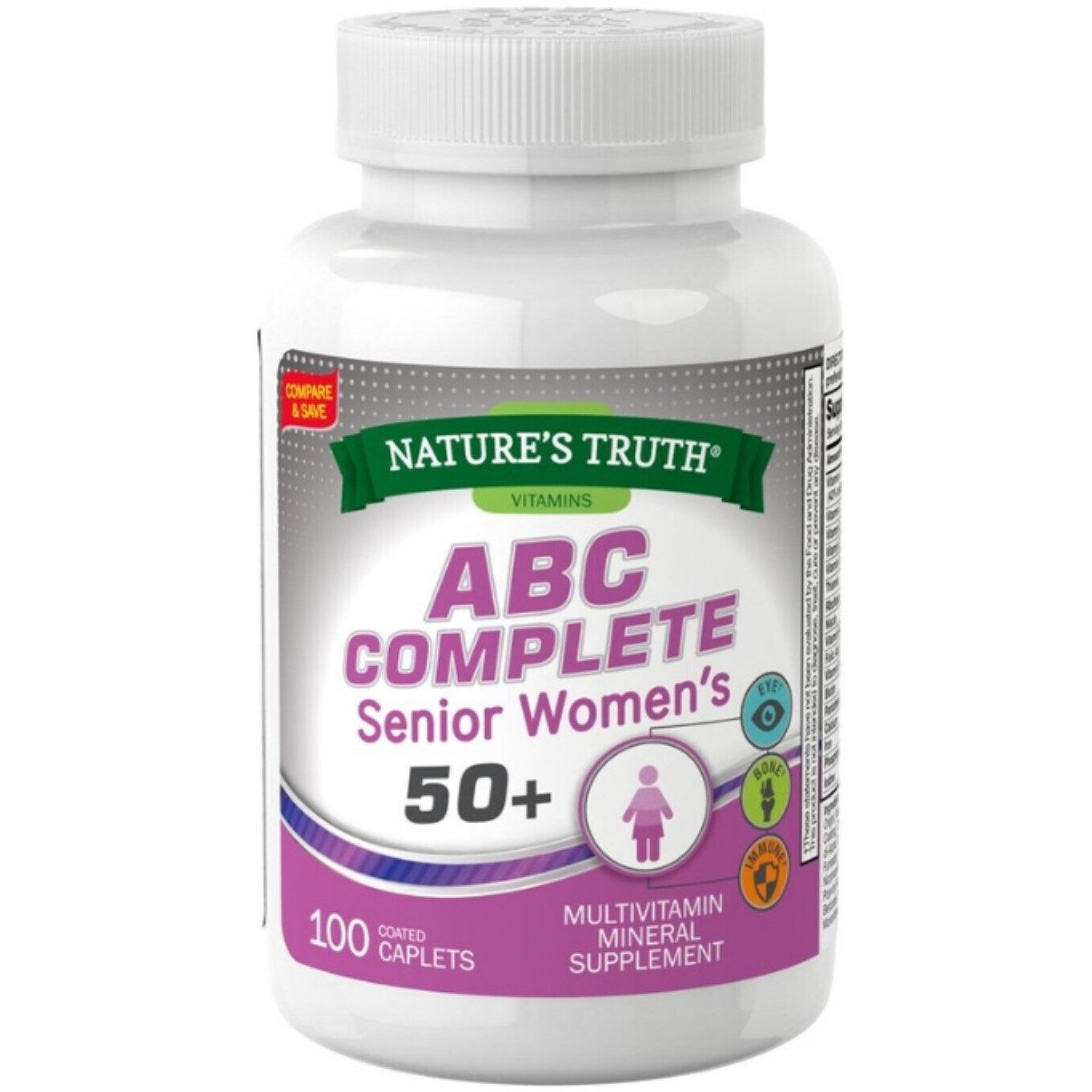 Nature's Truth ABC Complete Senior Women's Multivitamin bottle of vitamins and supplements with colorful label and capsule images