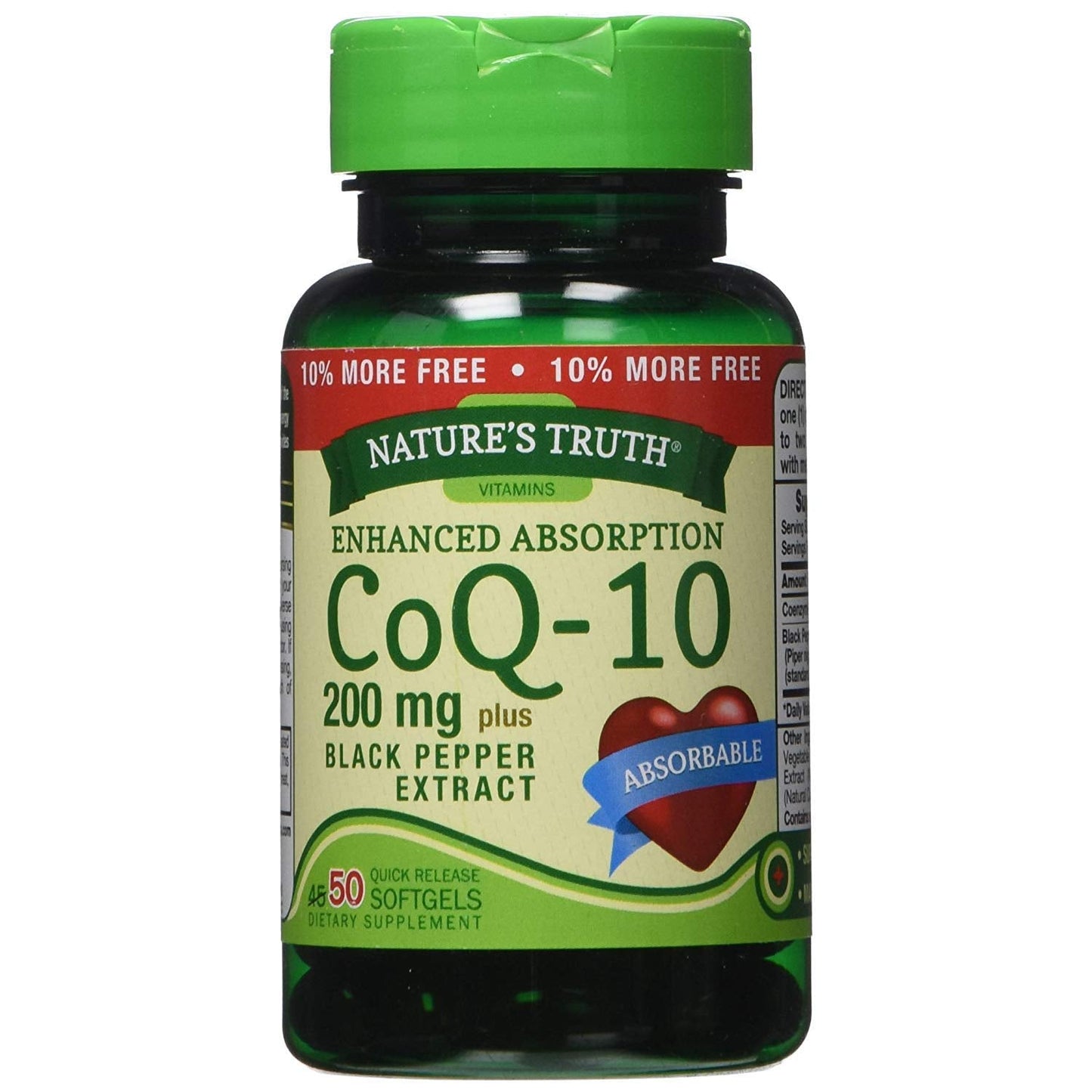 Nature's Truth CoQ-10 and Black Pepper Extract softgels, 200mg, dietary supplement in a bottle with 50 softgels.
