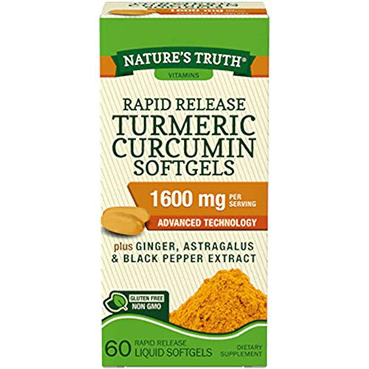 Nature's Truth rapid release turmeric curcumin softgels in a bottle, dietary supplement for joint and inflammation support