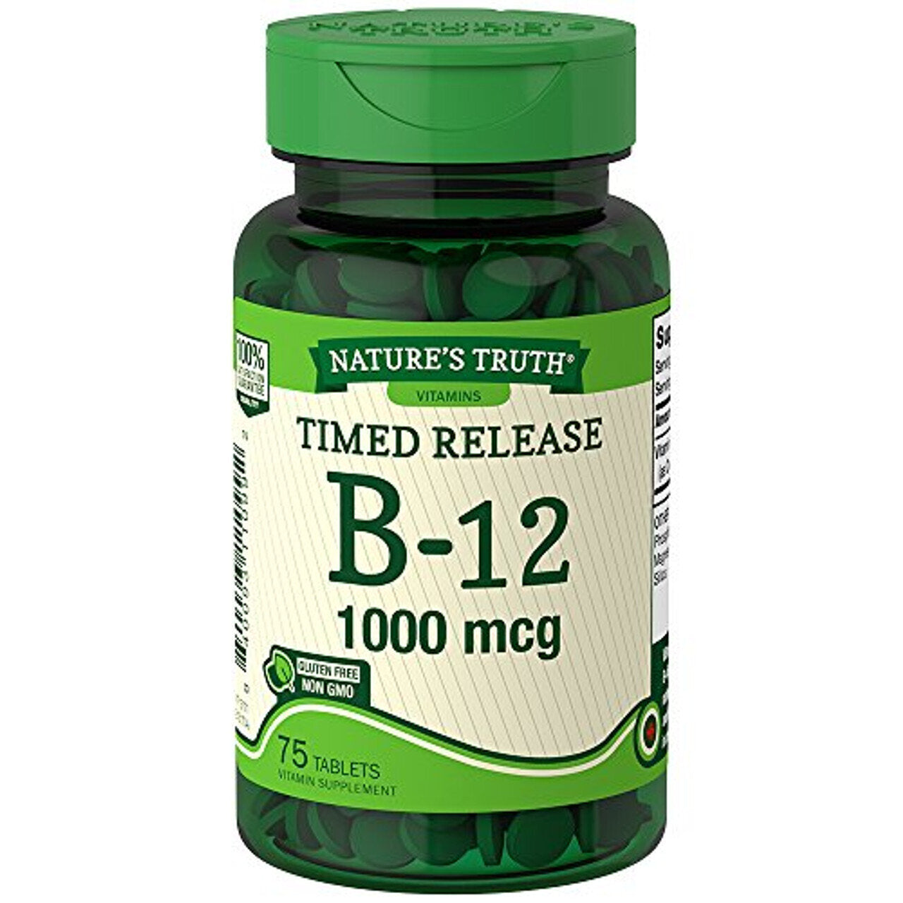 Nature's Truth Vitamin B-12 1000 mcg time-released supplement in a bottle of 75 tablets, from Pasteur Pharmacy.
