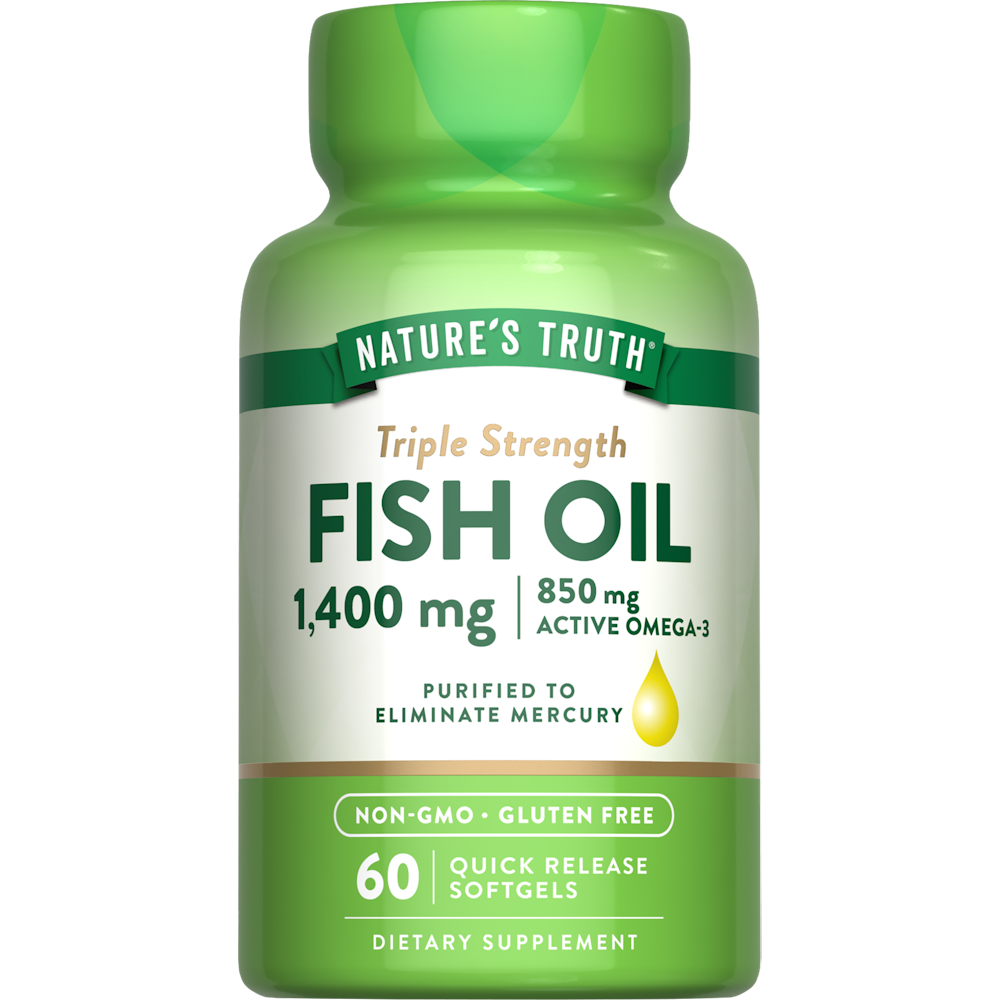 Nature's Truth Triple Strength Fish Oil 1360 Mg capsules, dietary supplement for heart health, shown in the image.
