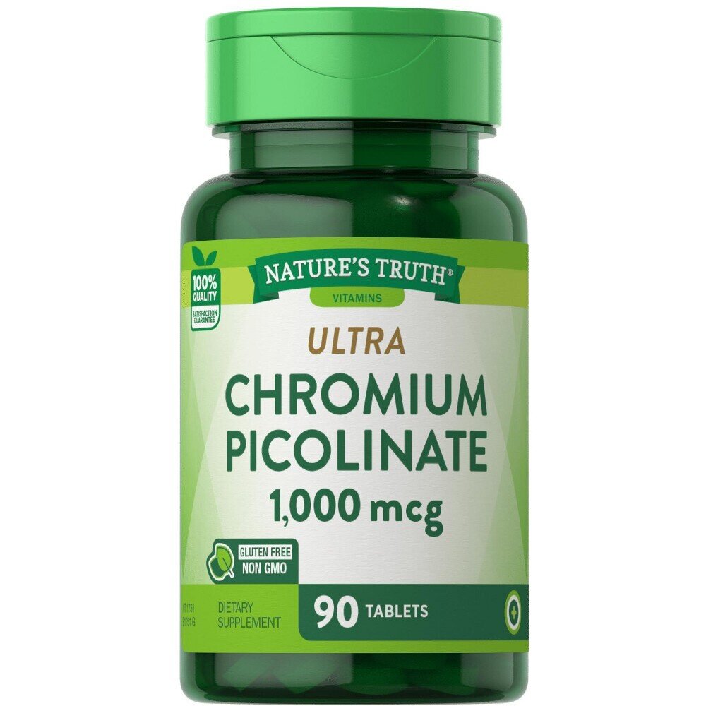 Nature's Truth Ultra Chromium Picolinate supplement in 90 tablets, featuring 1,000 mcg of chromium for health support