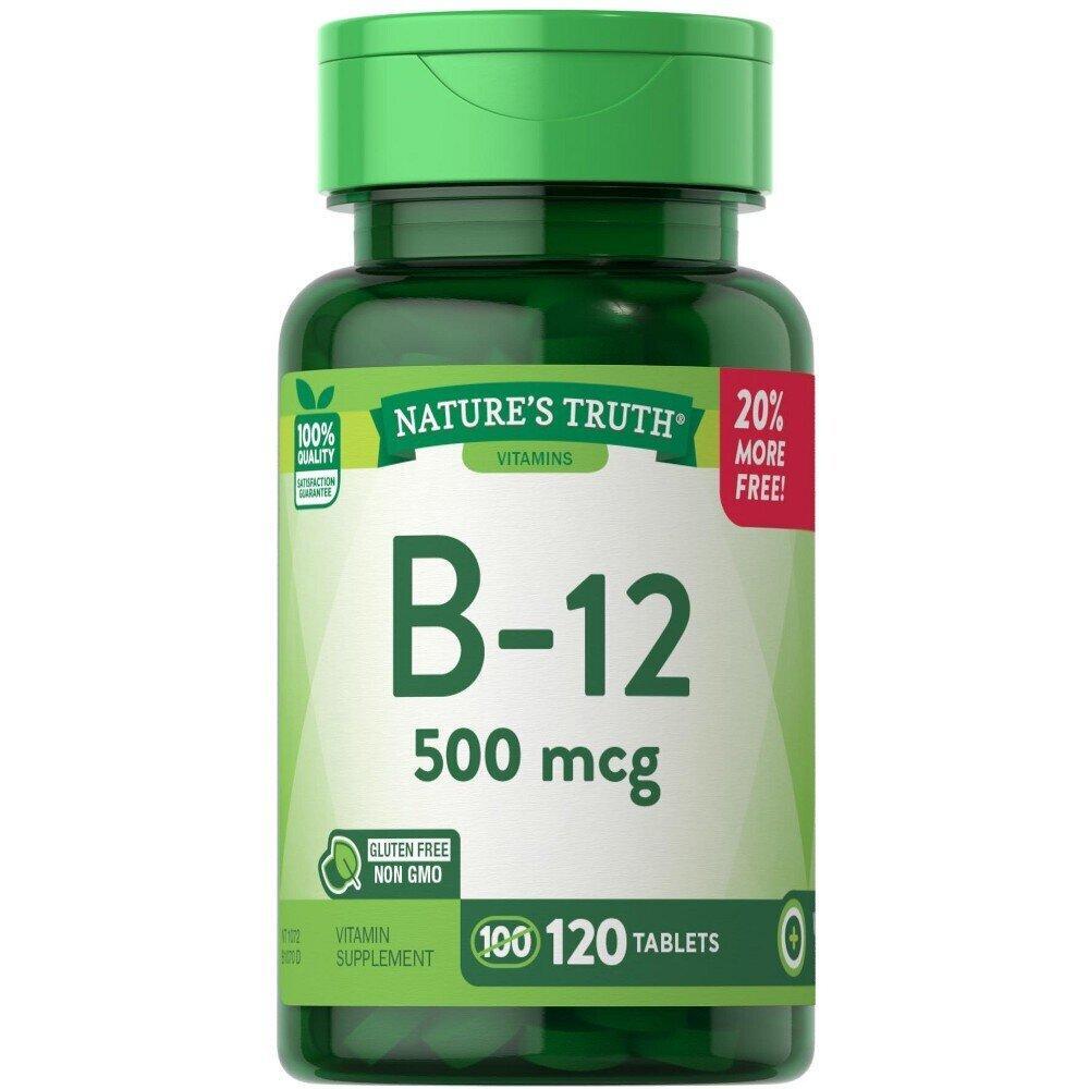 Nature's Truth Vitamin B12 500 mcg tablets, dietary supplement for energy and nutritional support, shown in bottle.