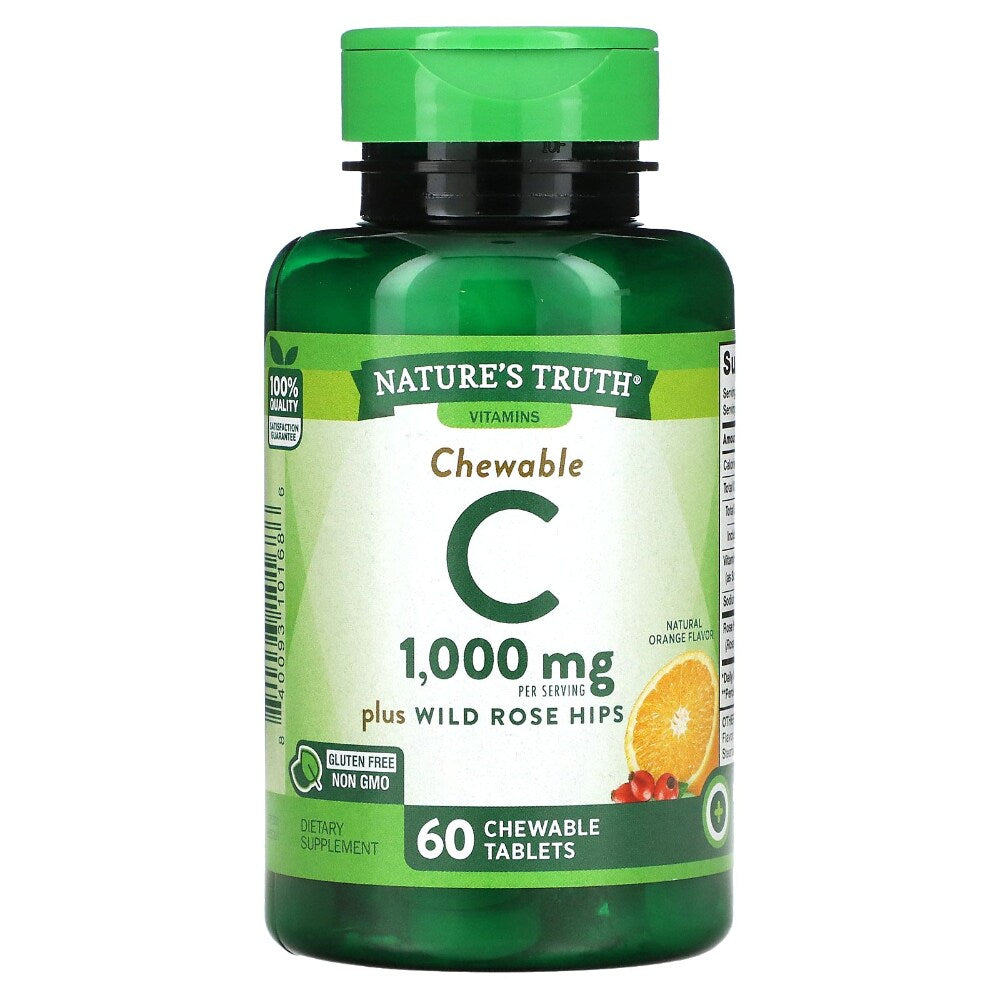 Nature's Truth Vitamin C 1000mg with Wild Rose Hips chewable tablets for immune support, shown in a bottle with colorful tablets.