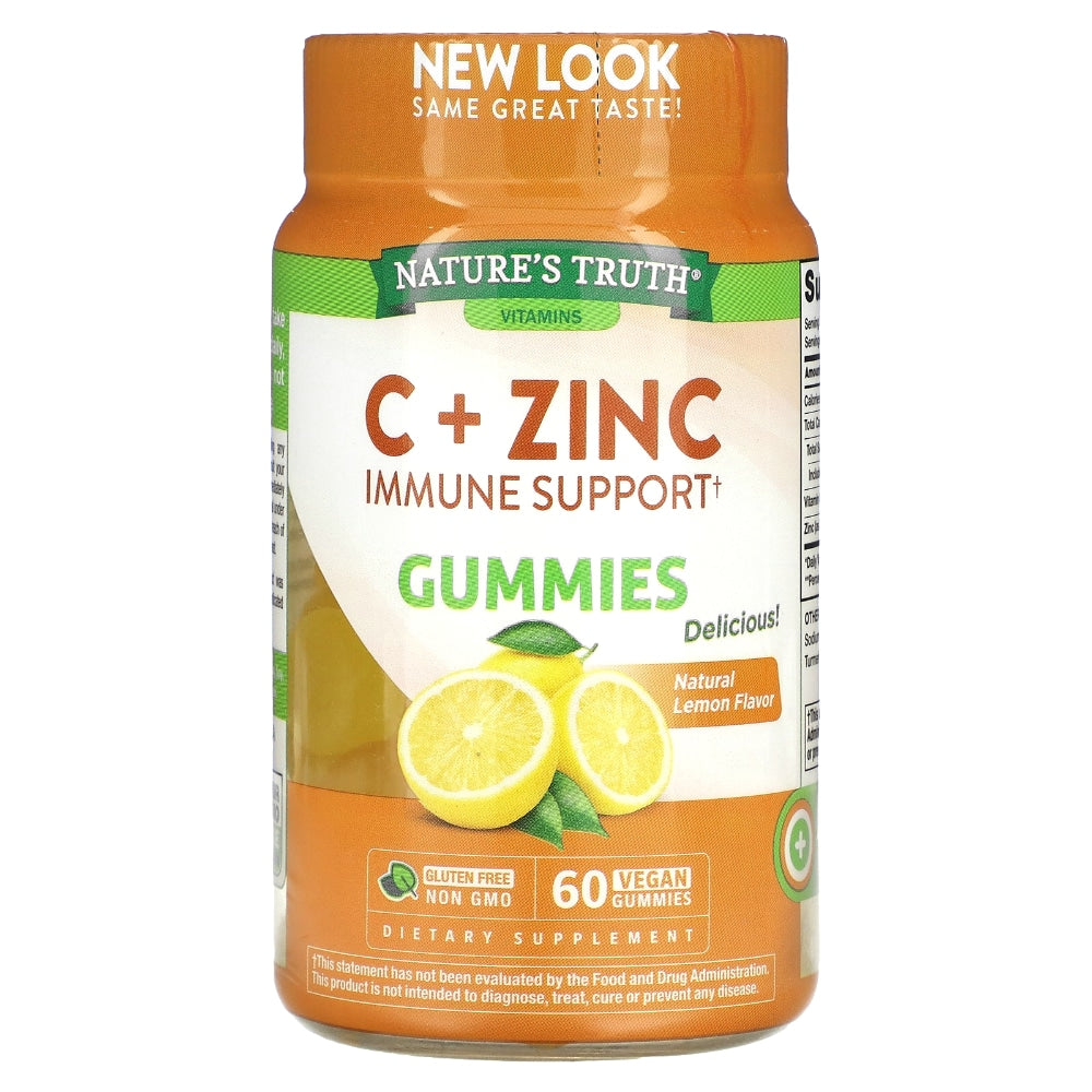 Nature's Truth Vitamin C immune support gummies with Manuka honey, zinc, and honey lemon flavor in a natural supplement form.
