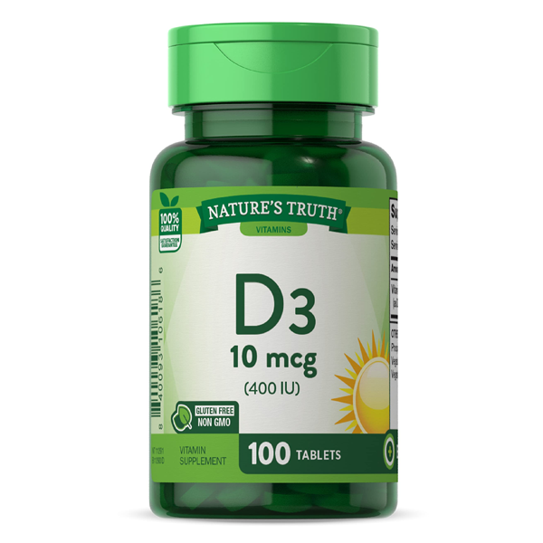 Nature's Truth Vitamin D3 400 IU supplement bottles with 100 tablets, showing the label and product packaging.