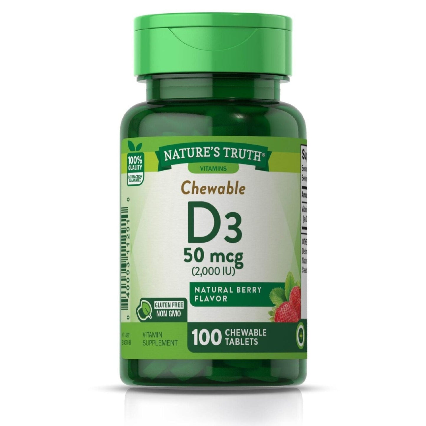 Nature's Truth Berry Flavor Vitamin D3 50 mcg vitamins and supplements bottle with 100 tablets, natural supplement for bone health
