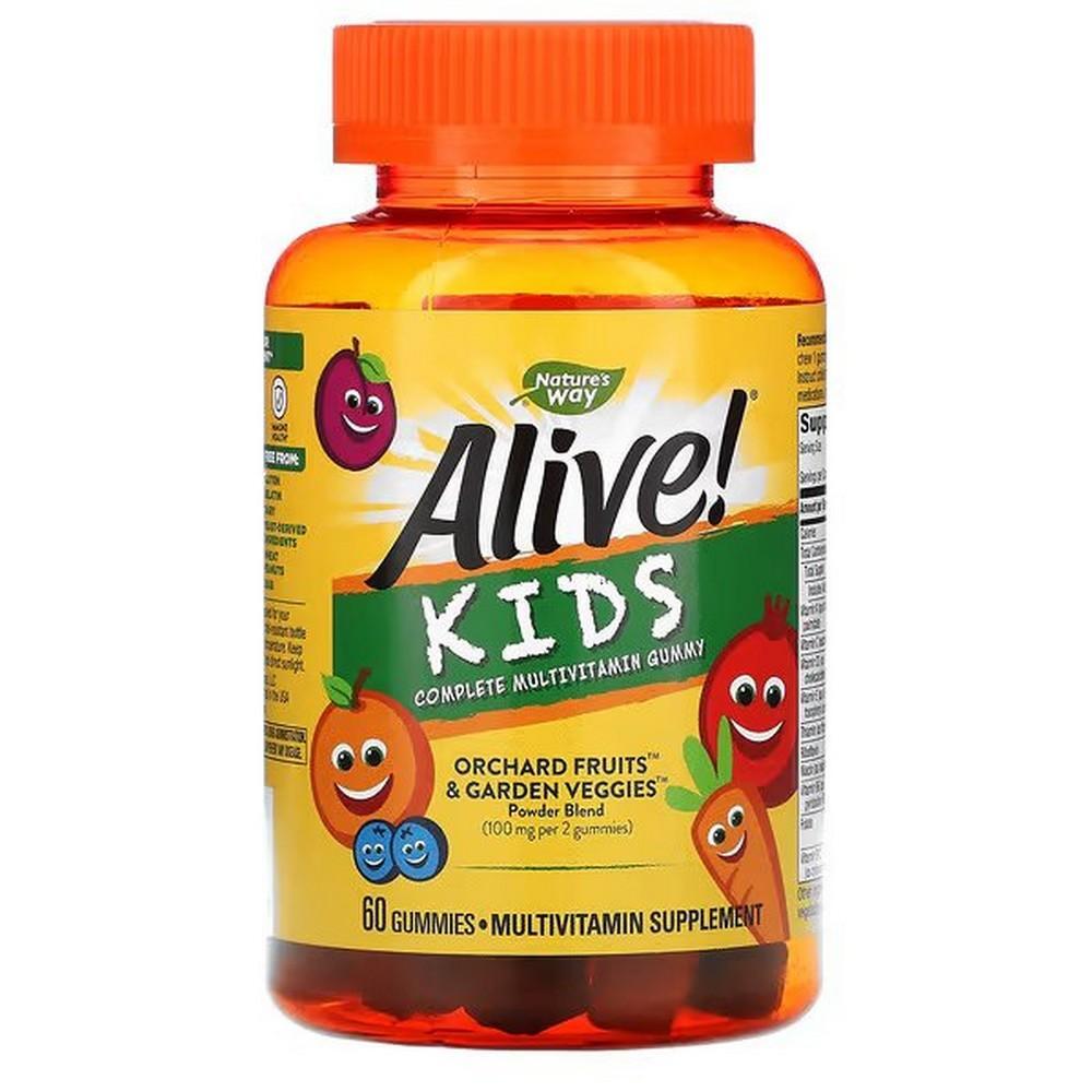Nature's Way Alive! Kids Gummy Multivitamins in cherry, orange, and grape flavors, 60 gummies, suitable for children's health.