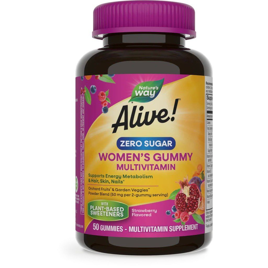 Nature's Way Alive Zero Sugar Women's Gummy Multivitamins in a bottle, providing premium support for women's health.