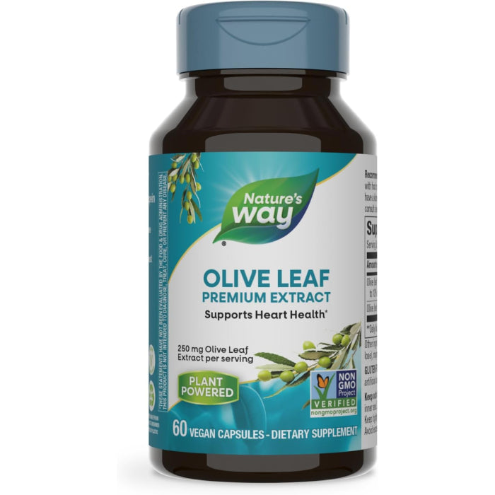 Nature's Way Olive Leaf Premium Extract vegan capsules, 250 mg, supplement for immune support, in clear capsule form.